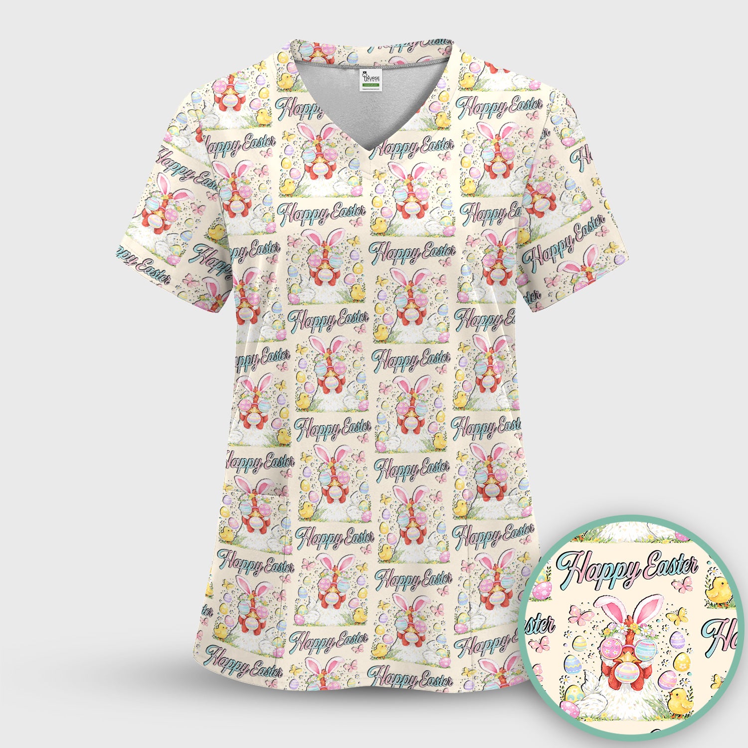Happy Easter Bunny Eggs Pattern Scrub Top, Comfortable Scrubs for Nurses