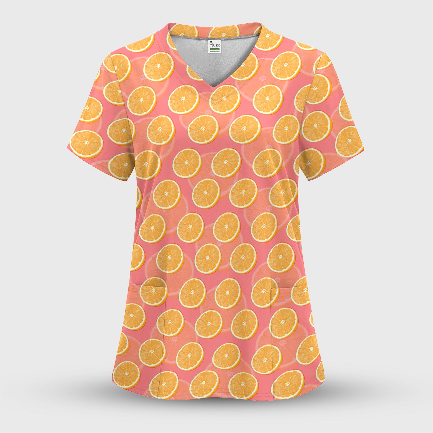 Fresh Orange Slice Pattern Scrub Set, Scrub Pants and V Neck Top