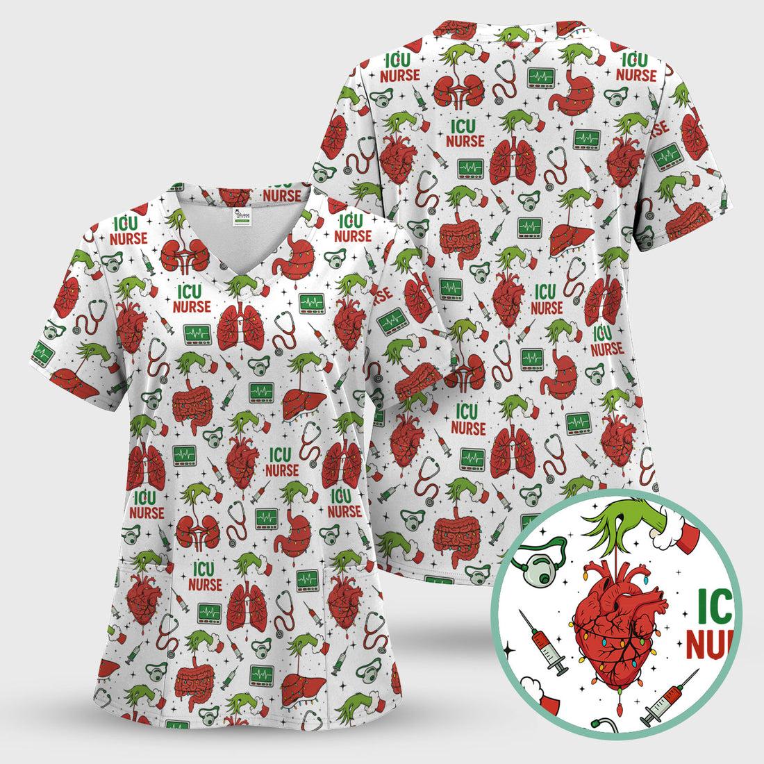 Christmas ICU Nurse Scrub Top - Funny Heart Anatomy Pattern - Holiday Nursing Shirt Gift for RN LPN CNA