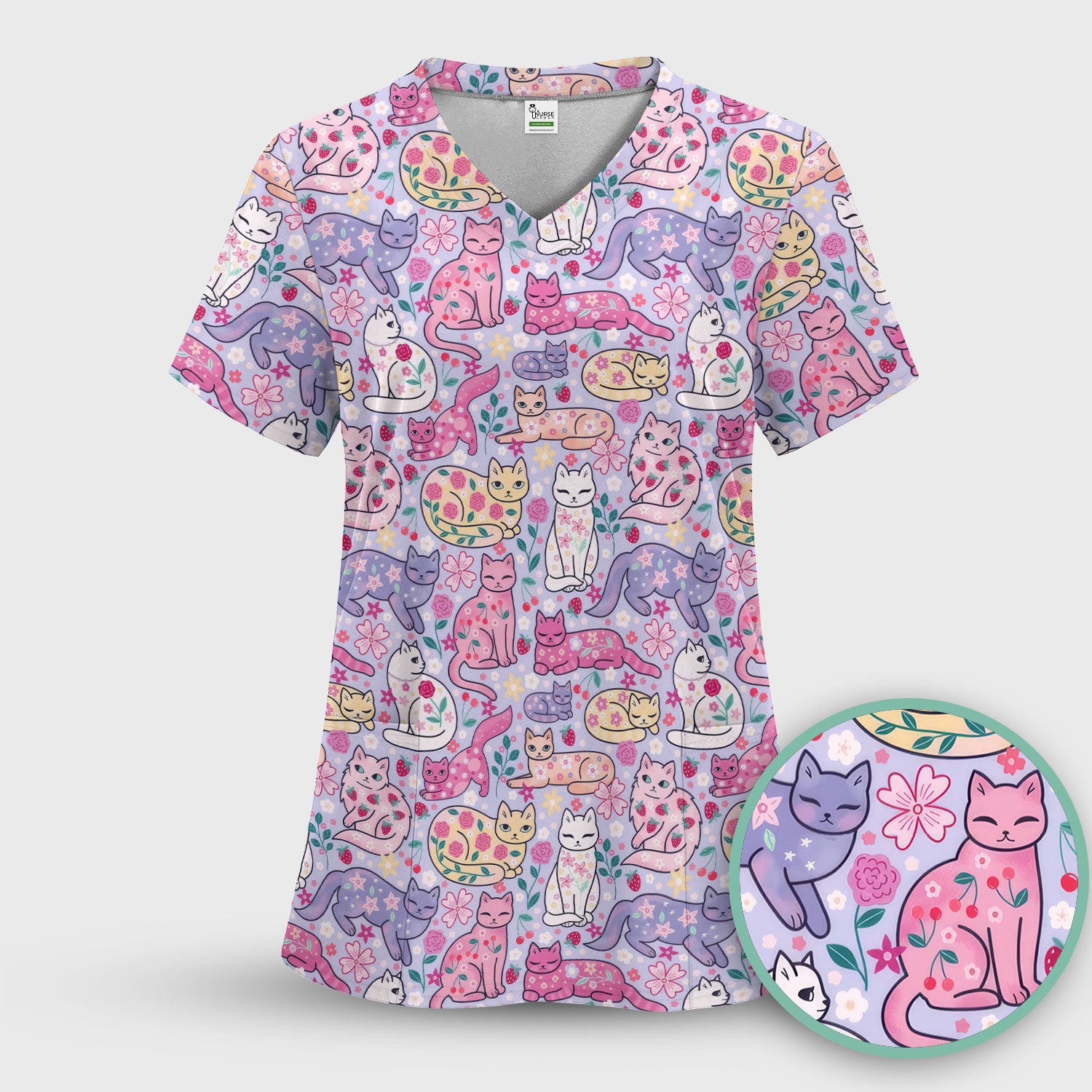 Funny Colorful Pastel Cats Floral Strawberry Print Scrub Top, Breathable Fabrics Nursing Uniform