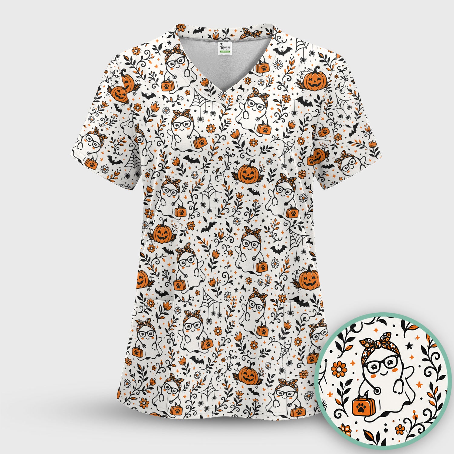 Cute Halloween Nurse Ghost And Pumpkins Scrub Top, Comfortable Scrubs for Nurses