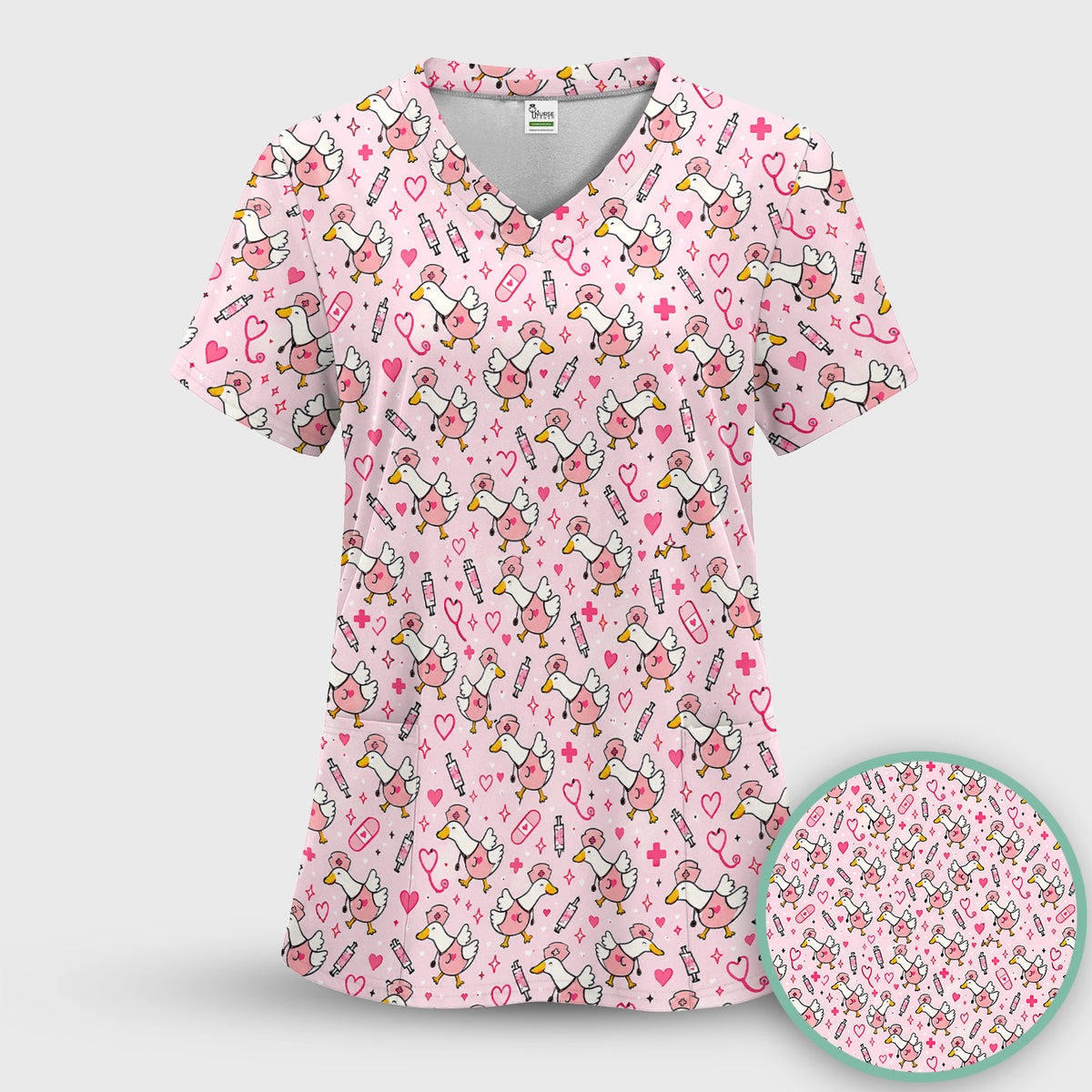 Pink Nurse Goose And Hearts Scrub Set, Scrub Pants and V Neck Top