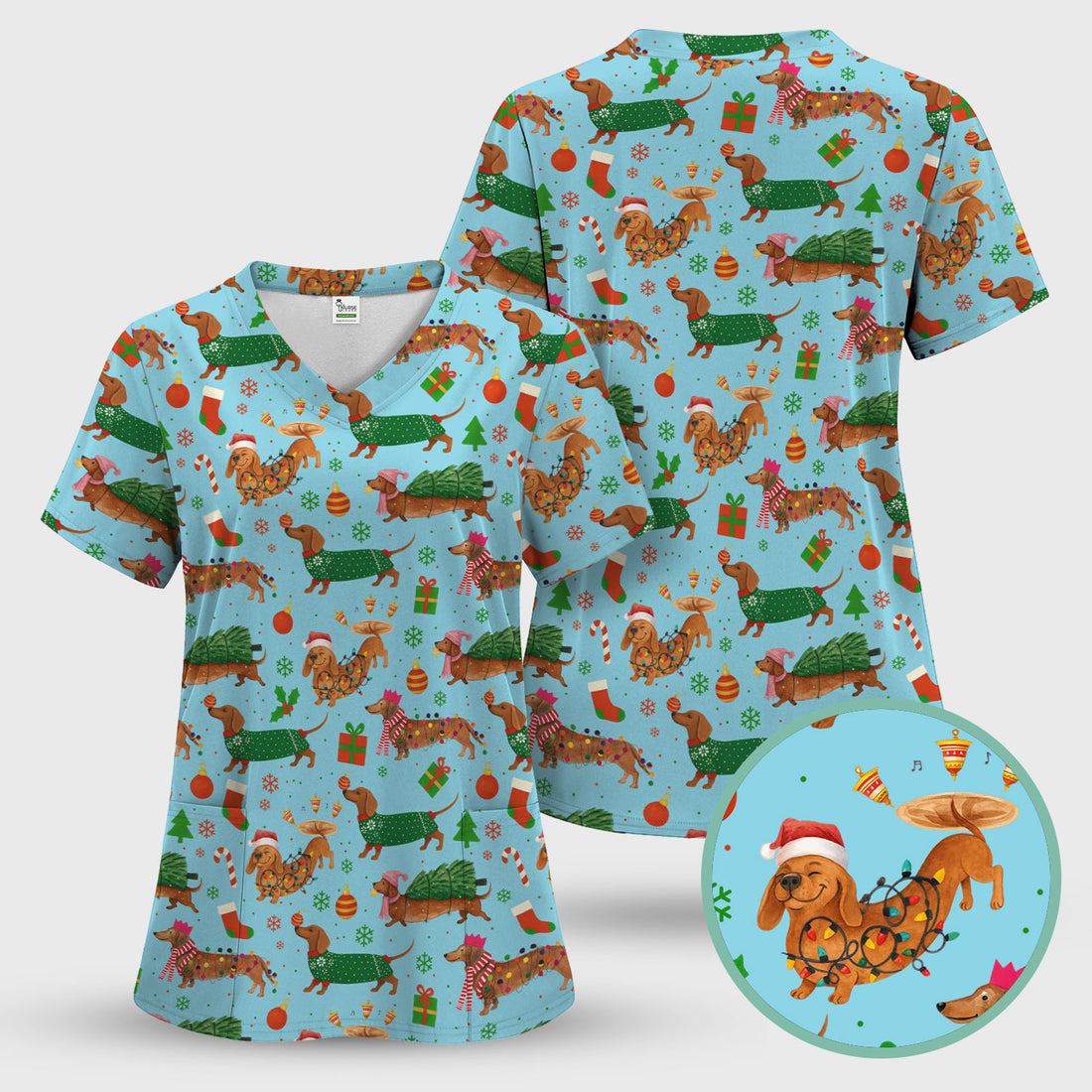 Funny Christmas Dog Scrub Top - Dachshund Multi Color Scrub Shirt - Holiday Scrubs Gift for Nurse, CNA, RN, Doctor, Medical Staff