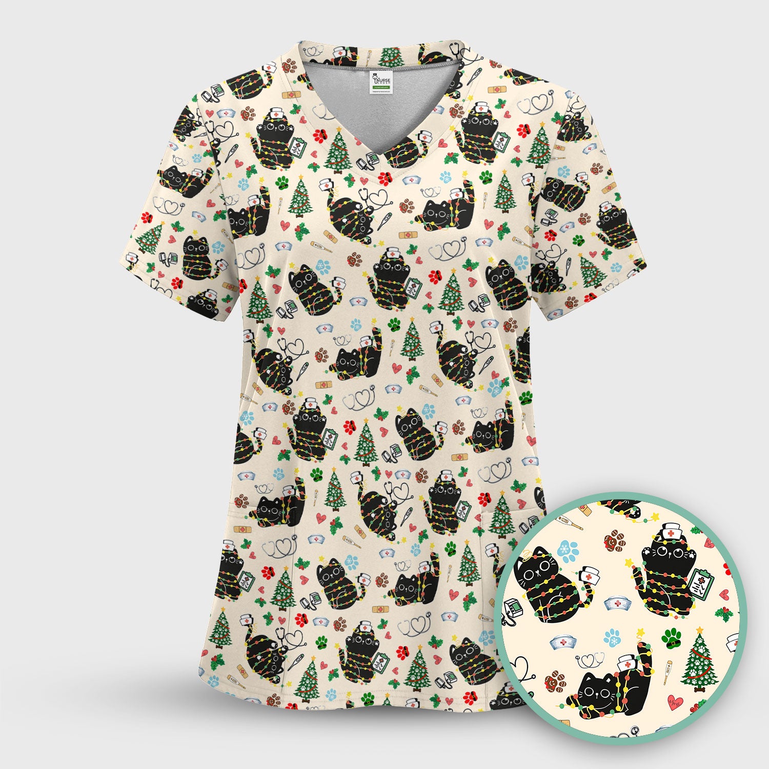 Funny Black Cat Christmas Scrub Top – Cute Holiday Kitty Pattern – Festive Medical Uniform for Nurses, Vets, and Cat Lovers