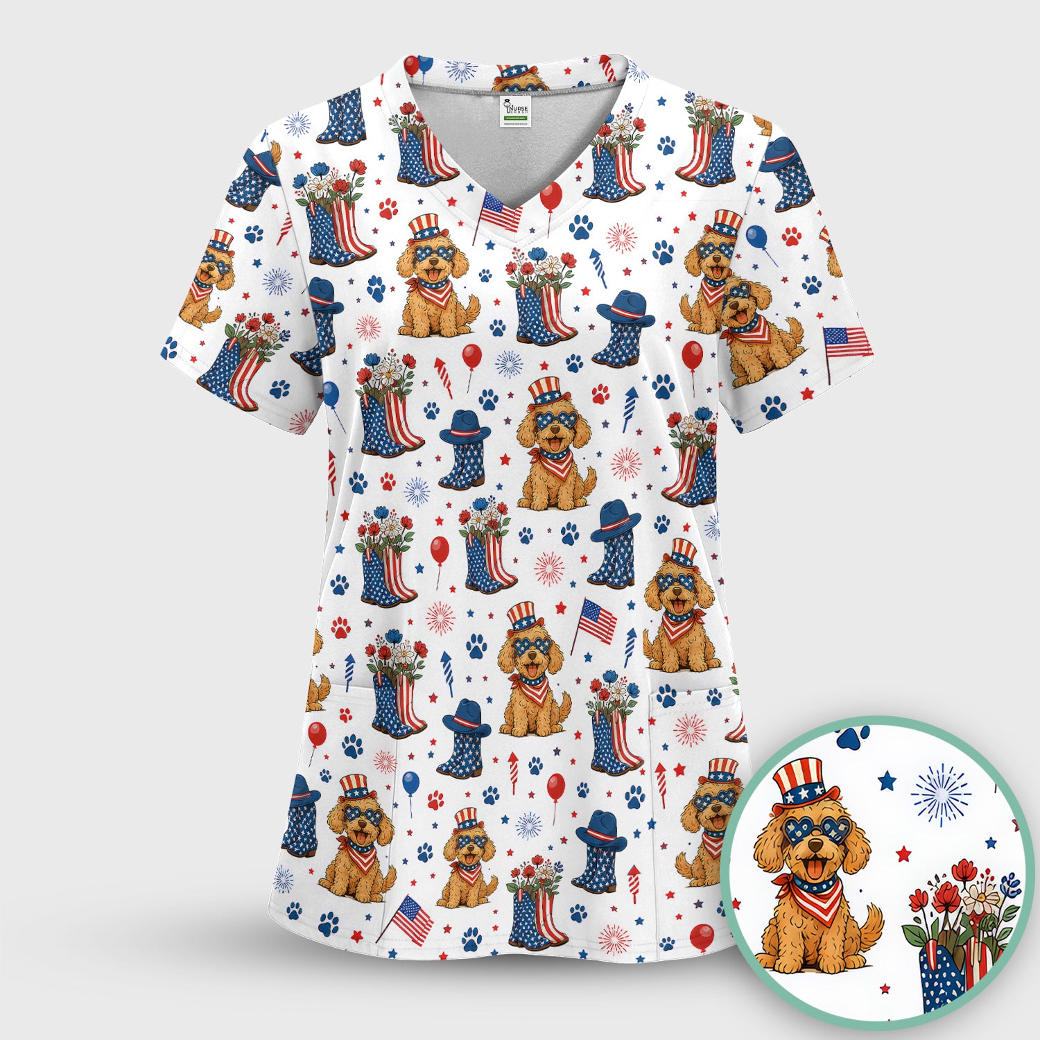 Patriotic Puppy Cowboy Boots Pattern Scrub Set, Scrub Pants and V Neck Top