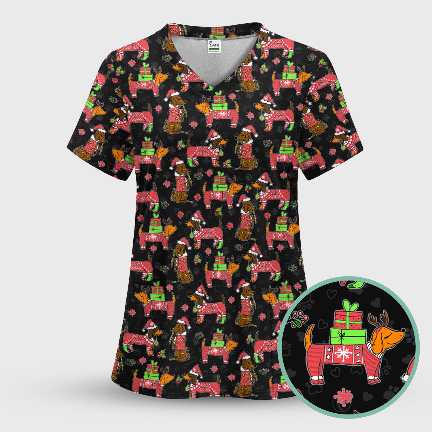 Christmas Wiener Dog Nurse Scrub Shirt - Cute Dachshund in Santa Hat - Funny Holiday Medical Uniform RN LPN CNA Gift for Women