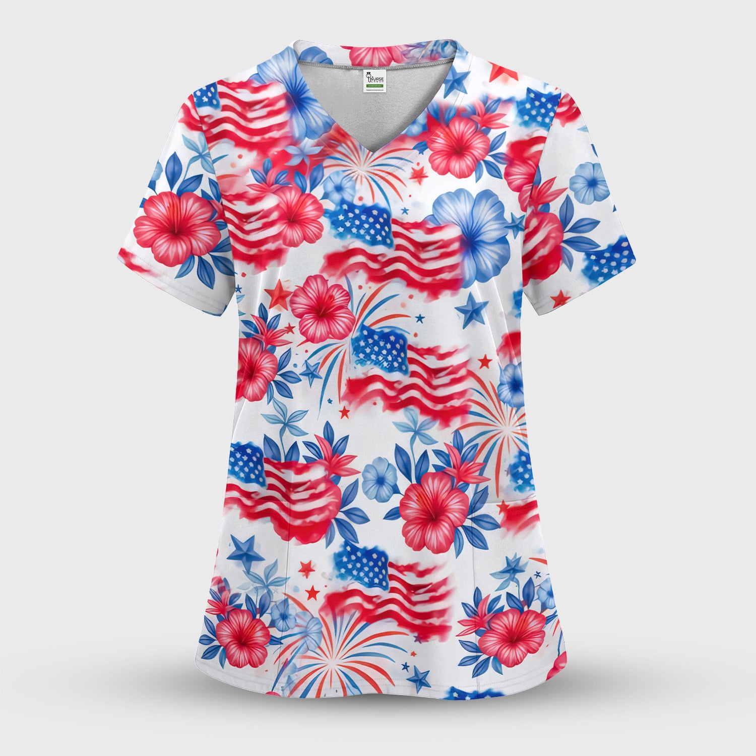 Patriotic American Flag Floral Pattern Scrub Top, Comfortable Scrubs for Nurses