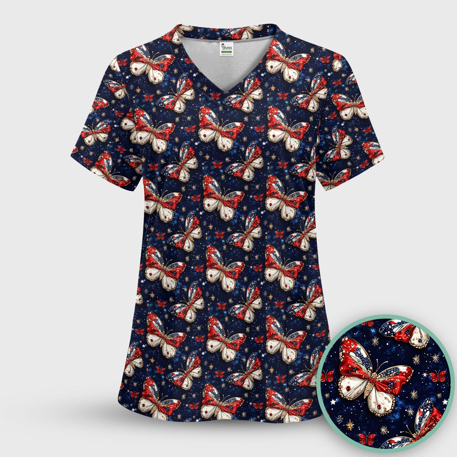 Patriotic Butterfly Nurse for RN & CNA, Americana Stars Healthcare Workers Uniform Scrub Top, Comfortable Scrubs for Nurses