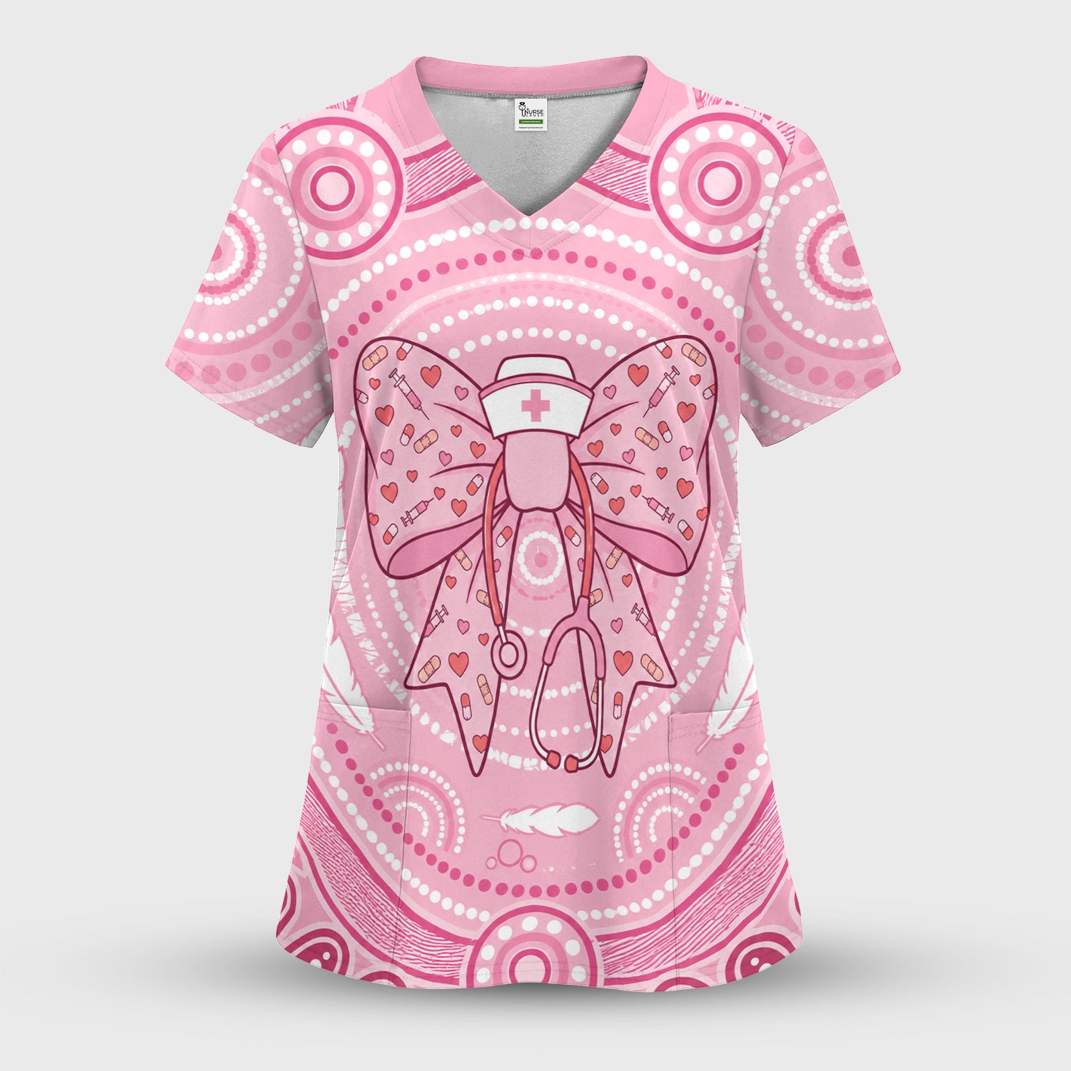 Pink Nurse Bow Stethoscope Pattern Scrub Top, Comfortable Scrubs for Nurses