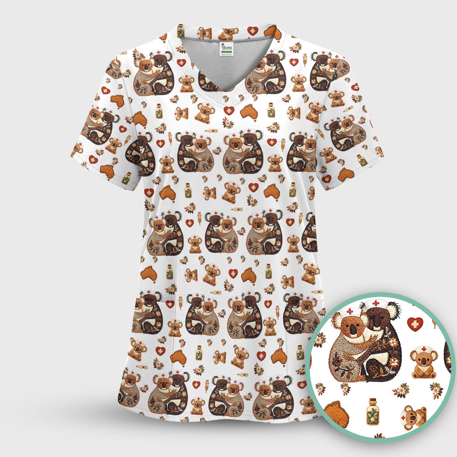 Cute Cartoon Koala Valentine Nurse Design Scrub Top, Breathable Fabrics Nursing Uniform