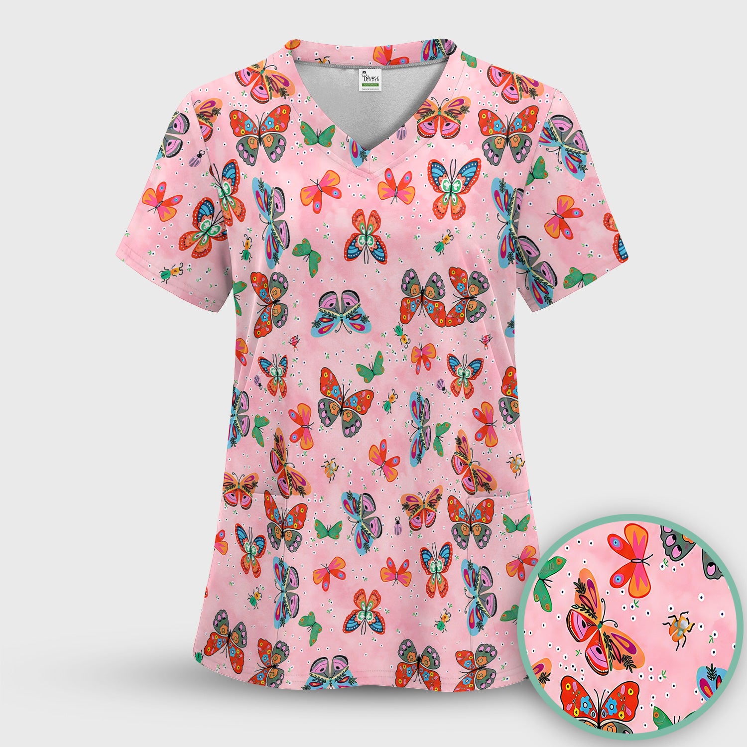 Colorful Butterfly Garden Pattern Scrub Top, Breathable Fabrics Nursing Uniform