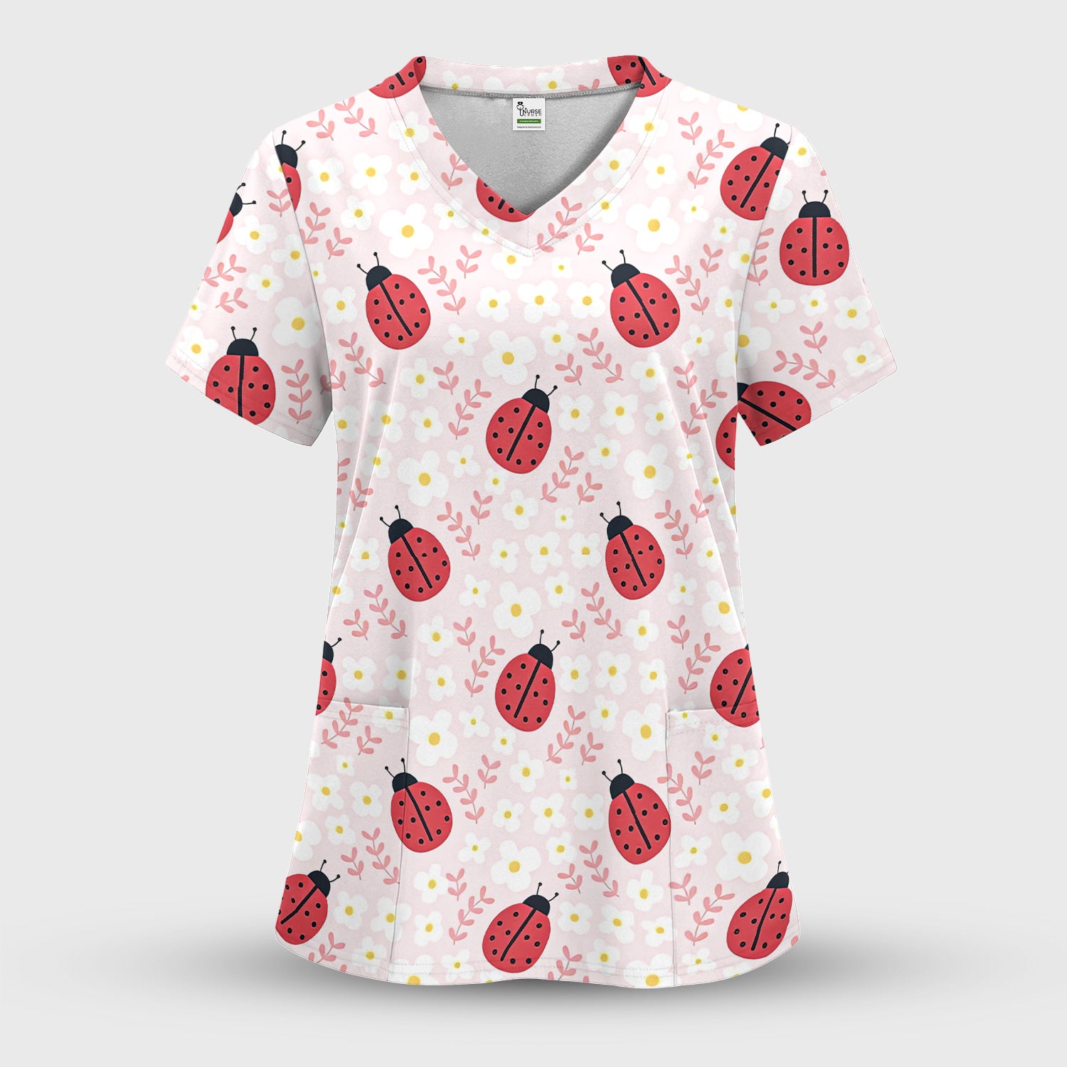 Lovely Ladybug Blossom Garden Print Scrub Top, Breathable Fabrics Nursing Uniform