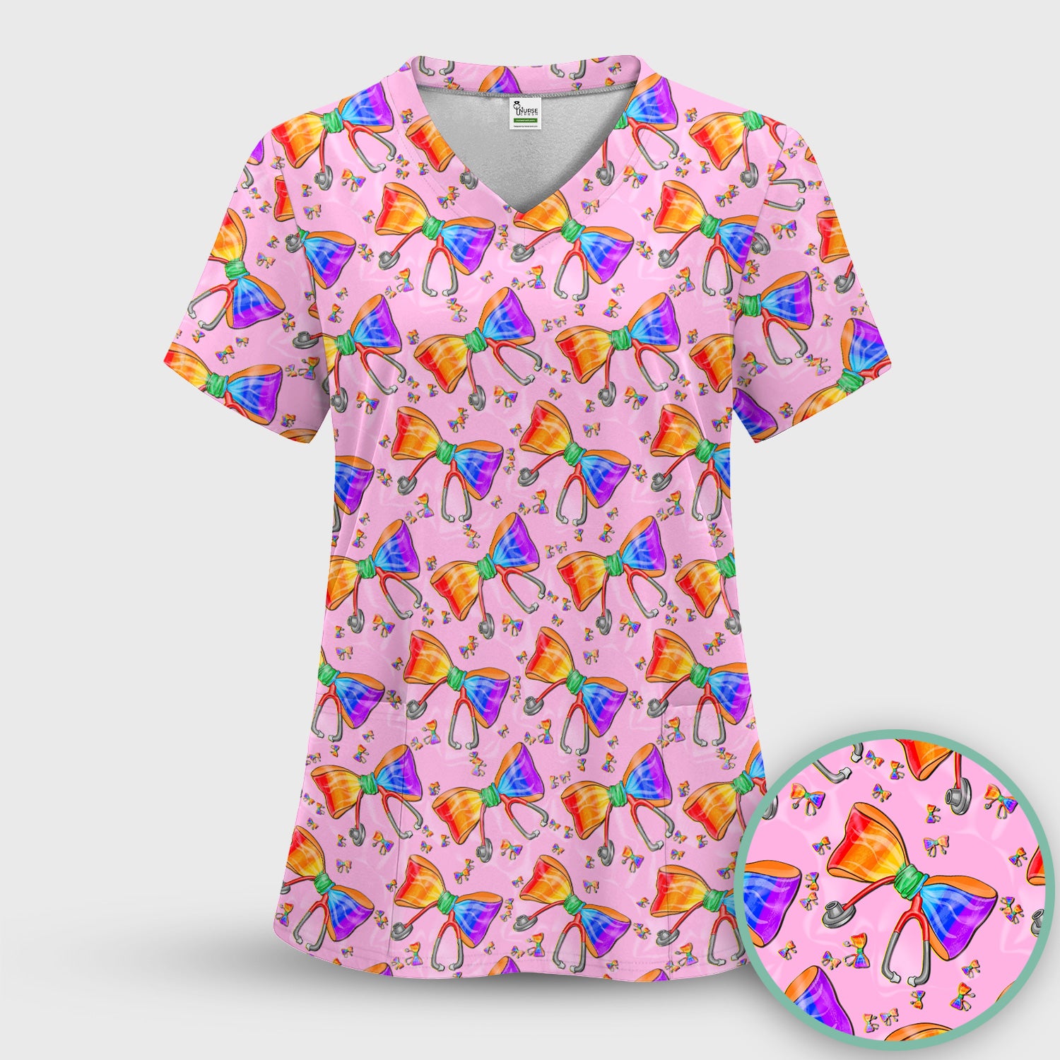 Colorful Rainbow Bow Stethoscope Pattern Scrub Top, Breathable Fabrics Nursing Uniform