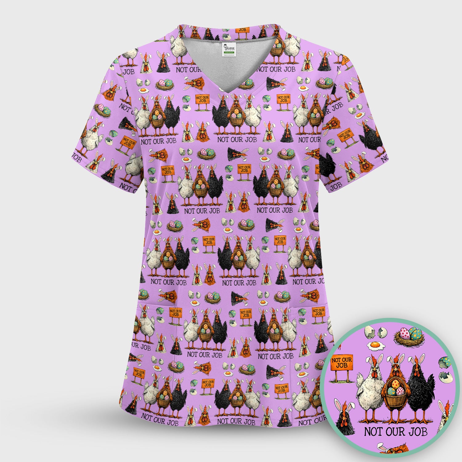 Funny Easter Chicken Humor Pattern Scrub Top, Comfortable Scrubs for Nurses