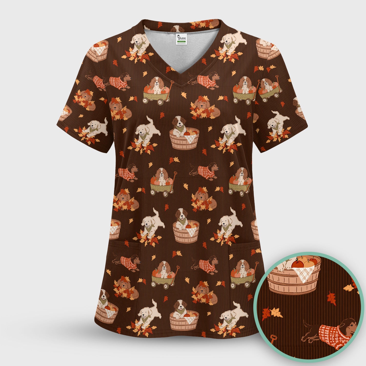 Cute Autumn Dogs And Falling Leaves Scrub Set, Scrub Pants and V Neck Top