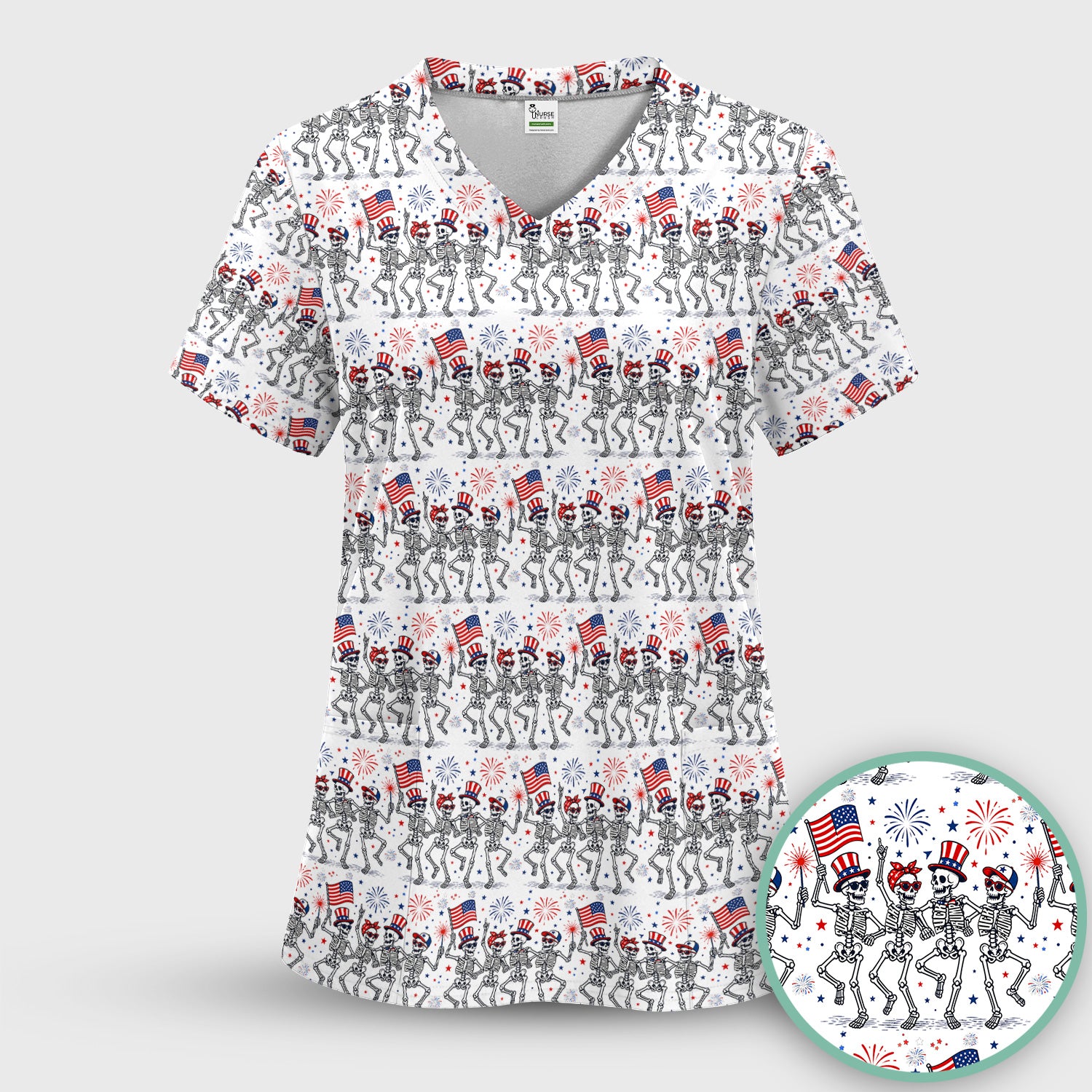 Funny Patriotic Skeleton Pattern, July 4 Medical Scrub Top, Comfortable Scrubs for Nurses