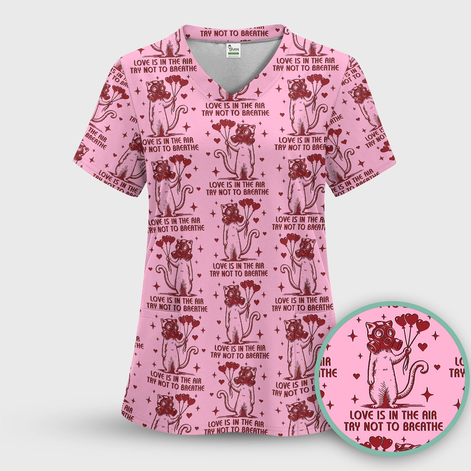 Gas Mask Cat Heart Balloon Valentine Print Scrub Set, Breathable Med Uniform