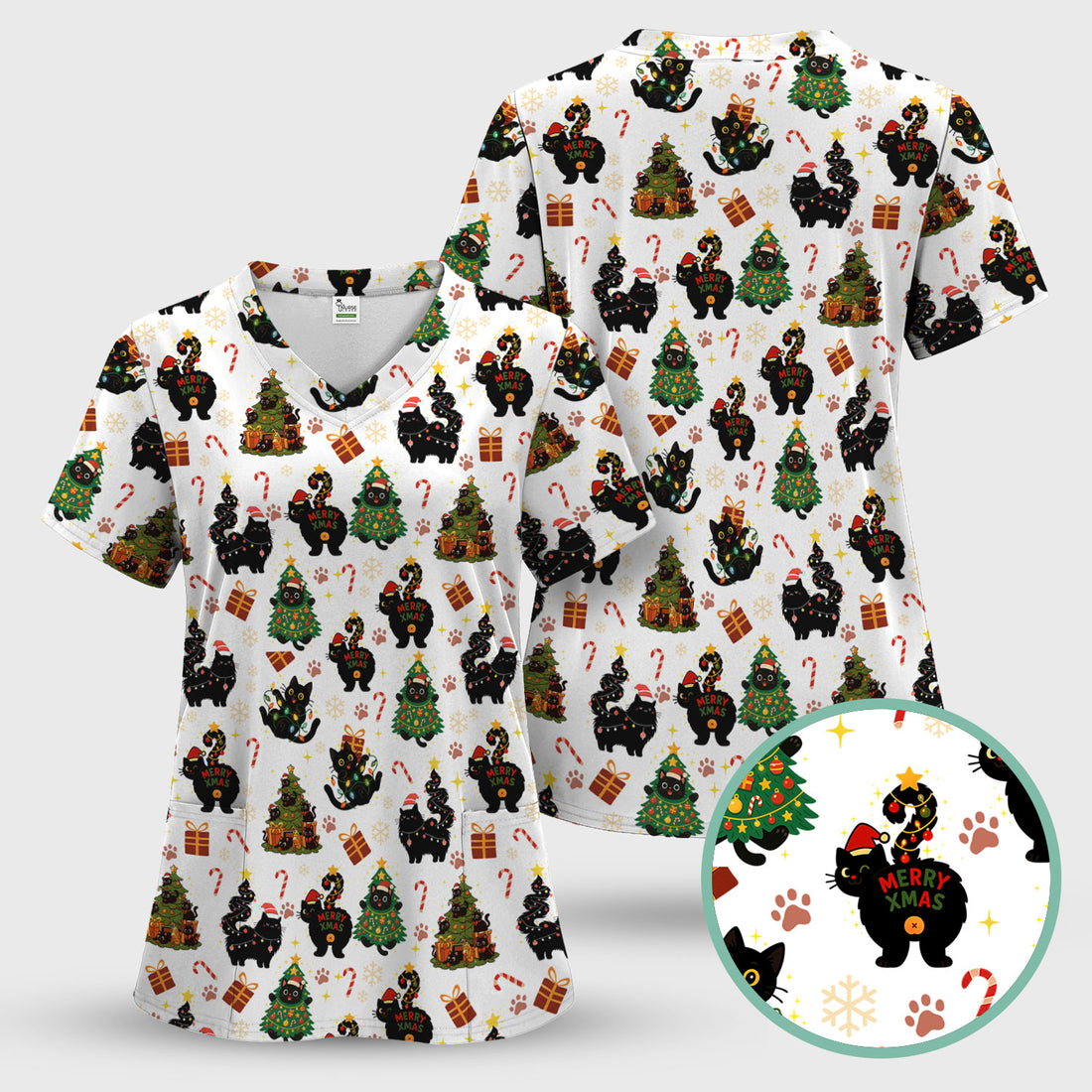 Funny Cat Print Nurse Scrub Top - Christmas Medical Shirt for Women & Men - Cute Holiday Gift Idea for RN CNA Doctor Scrubs