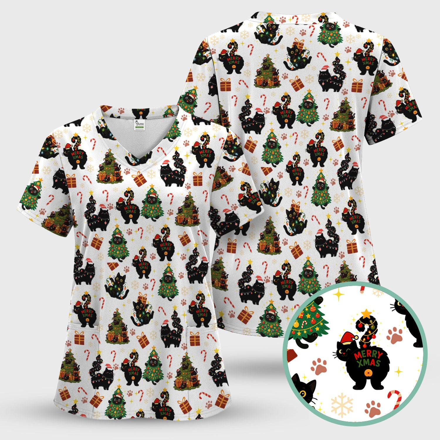 Funny Cat Print Nurse Scrub Top - Christmas Medical Shirt for Women & Men - Cute Holiday Gift Idea for RN CNA Doctor Scrubs