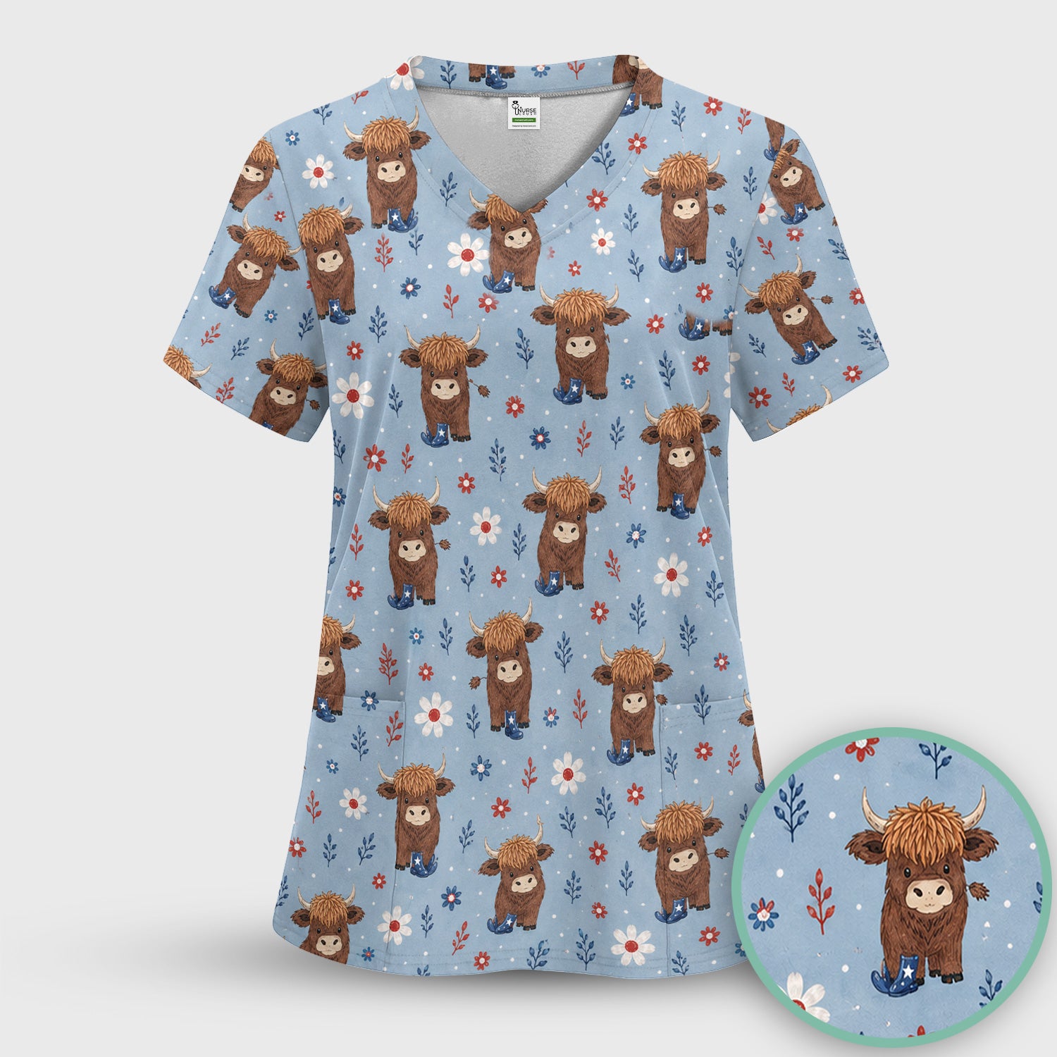 Floral Cowboy Boots Pattern Scrub Top, Comfortable Scrubs for Nurses