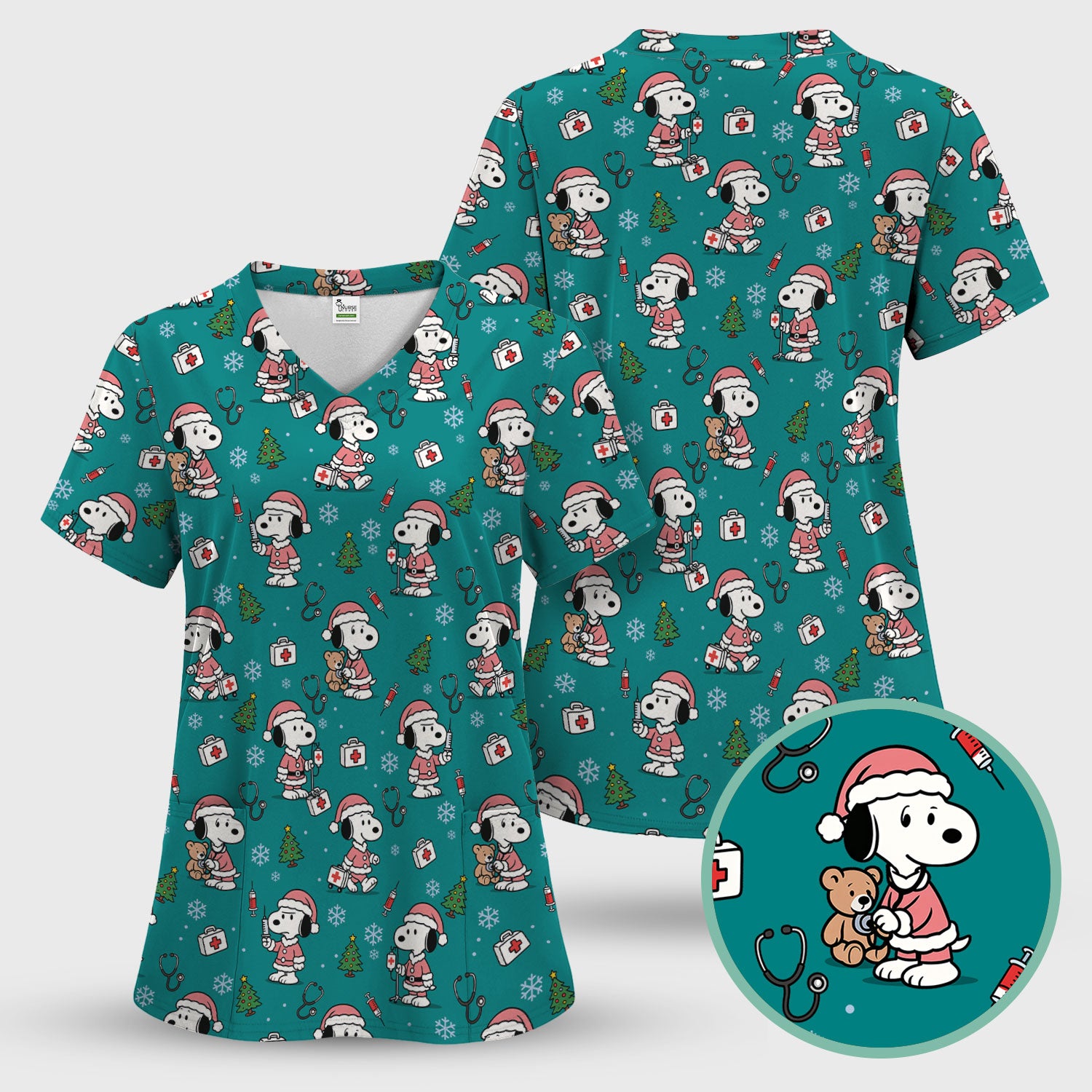 Snoopy Christmas Nurse Scrub Top for Women - Cute Cartoon Holiday Medical Uniform with Pockets - Nursing Gift for RN CNA LPN