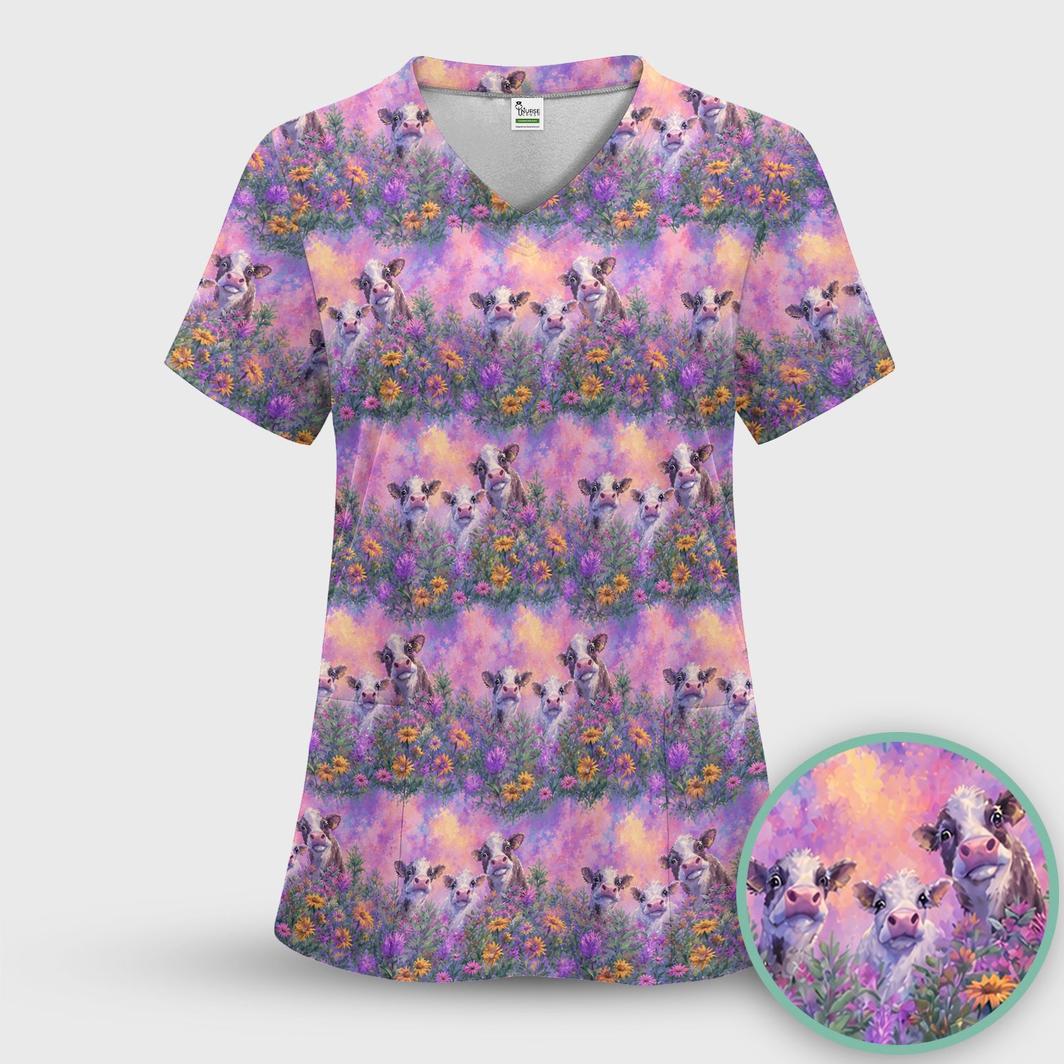 Pastel Cow Meadow Flower Pattern Scrub Top, Comfortable Scrubs for Nurses