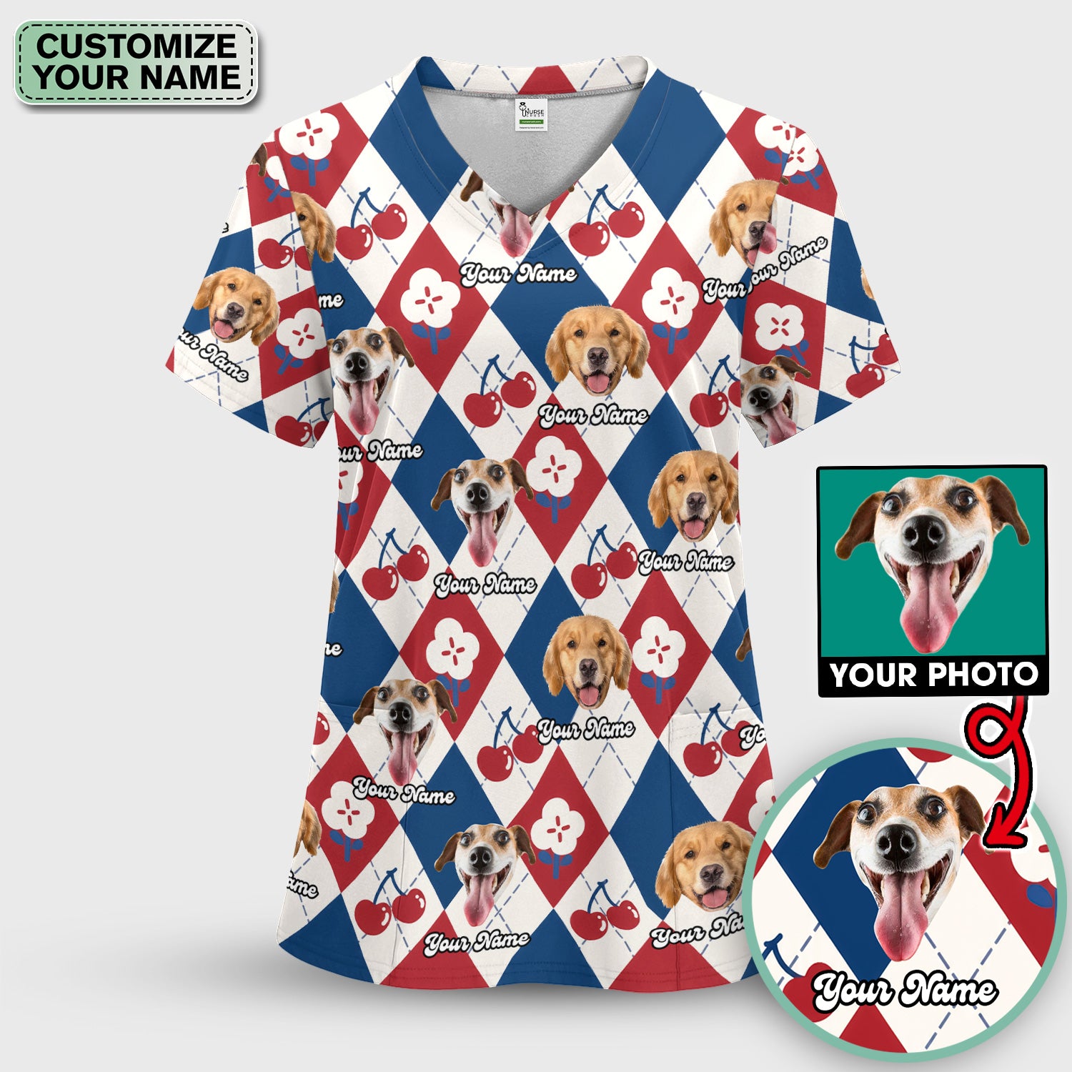 Custom Dog Face Scrub Set, Playful Dog Cherry Argyle Pattern Shirt, Breathable Fabrics Nursing Uniform