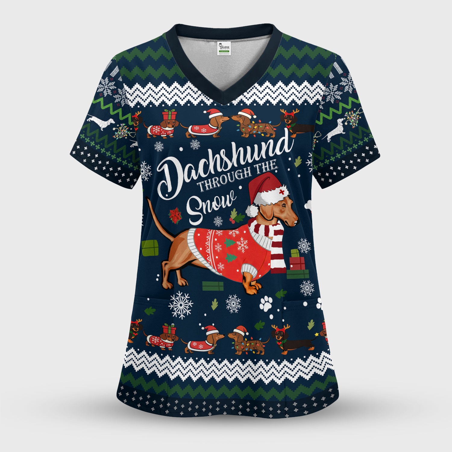 Dachshund Through the Snow - Funny Christmas Scrub Top - Wiener Dog Lover Gift - Holiday Medical Uniform