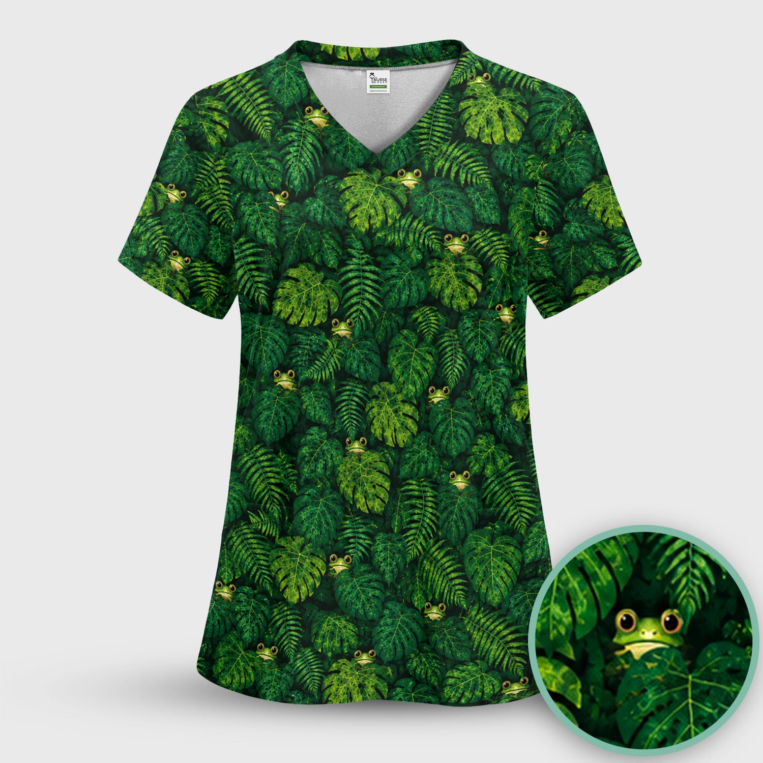 Cute Hidden Frog Jungle Pattern Scrub Top, Comfortable Scrubs for Nurses