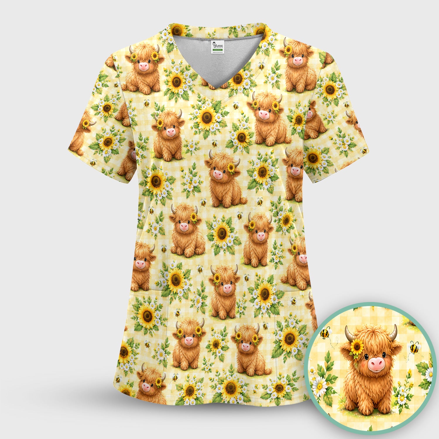 Sunflower Highland Cow And Bee Pattern Scrub Top, Comfortable Scrubs for Nurses