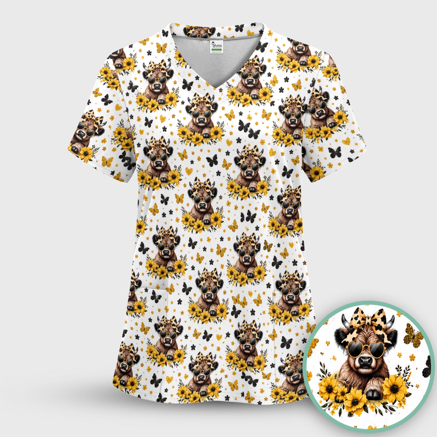 Cow With Sunflower Bow Pattern Scrub Top, Comfortable Scrubs for Nurses