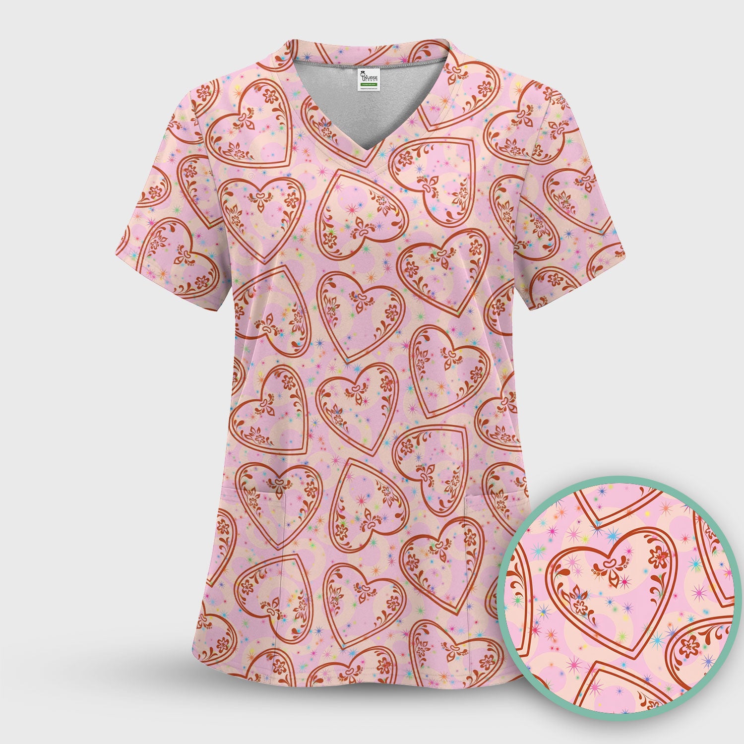 Valentine Heart Scrub Top For Women, Hearts Pattern Nurse Shirt, Comfortable Scrubs For Nursing