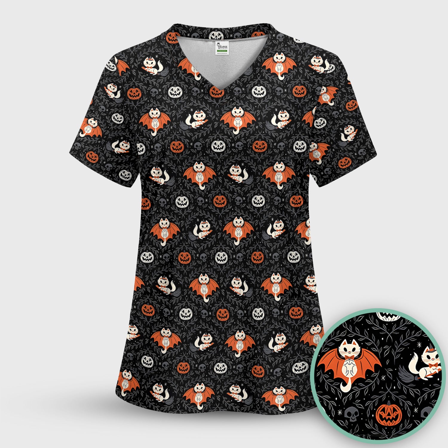 Cute Halloween Vampire Cat Pattern Scrub Top, Comfortable Scrubs for Nurses