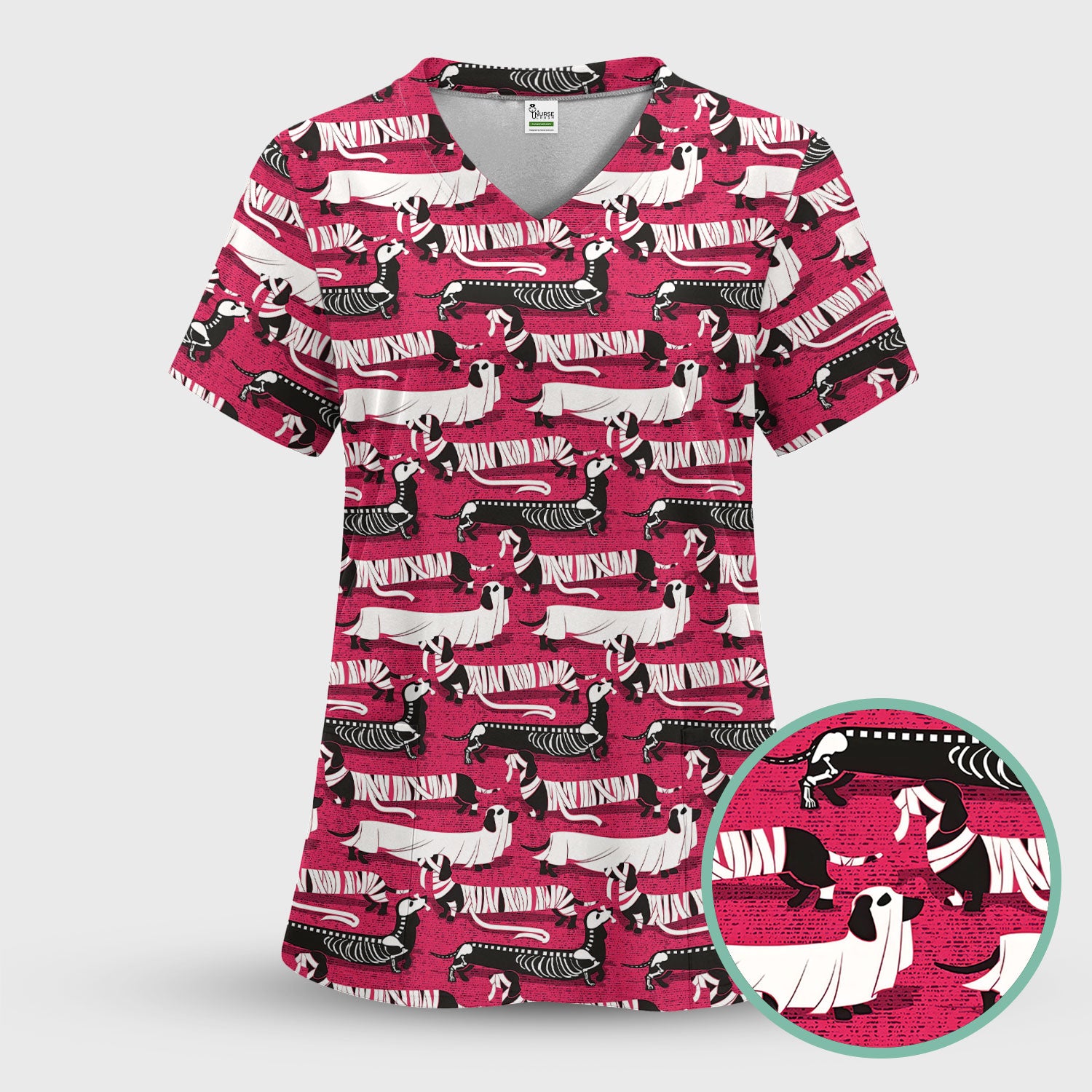 Halloween Scrub Set for Women - Spooky Skeleton Med Uniform - Dachshund Nursing Pants - Ugly Sweater for Wiener Dog Lover