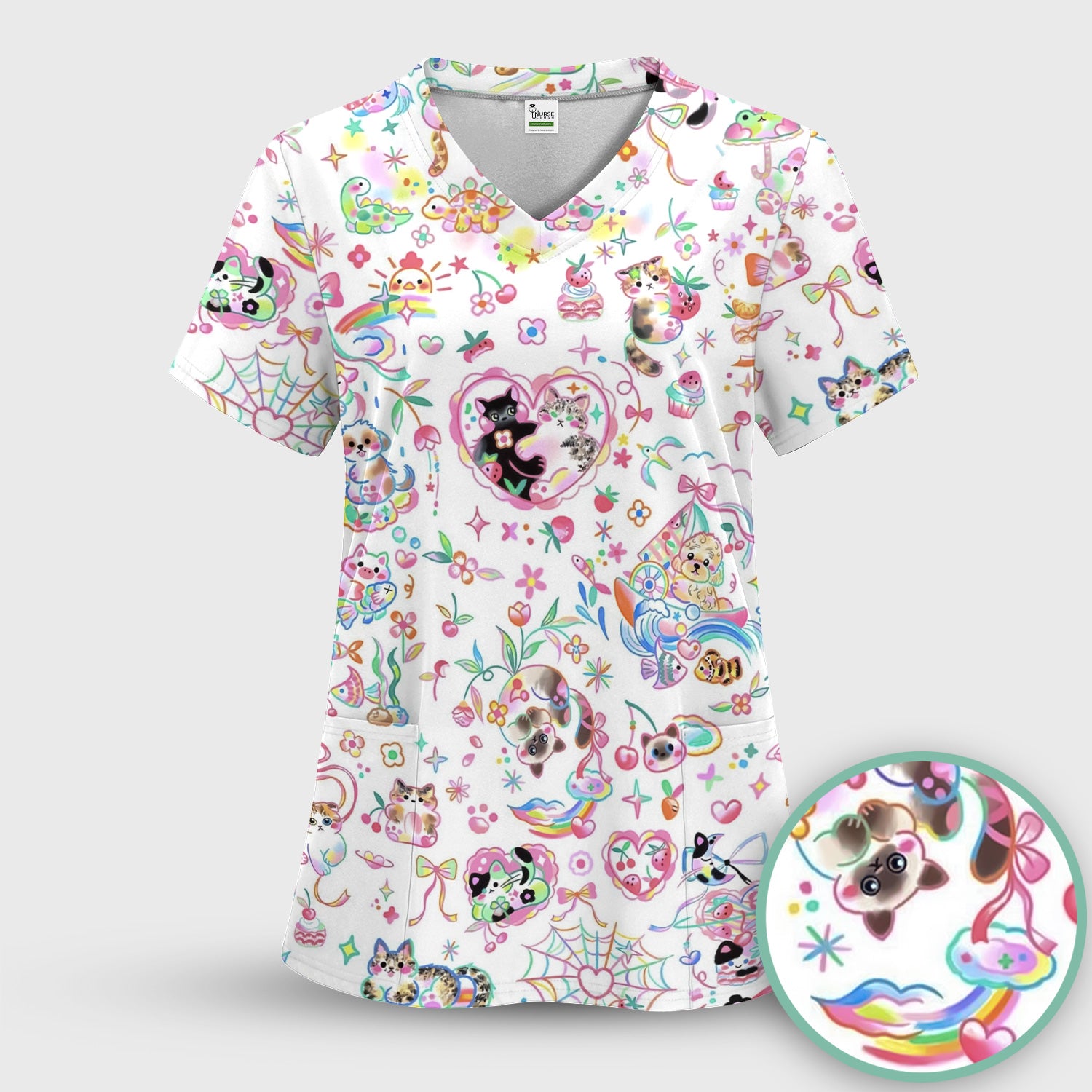 Cute Kawaii Animal Rainbow Heart Pattern Scrub Top, Comfortable Scrubs for Nurses