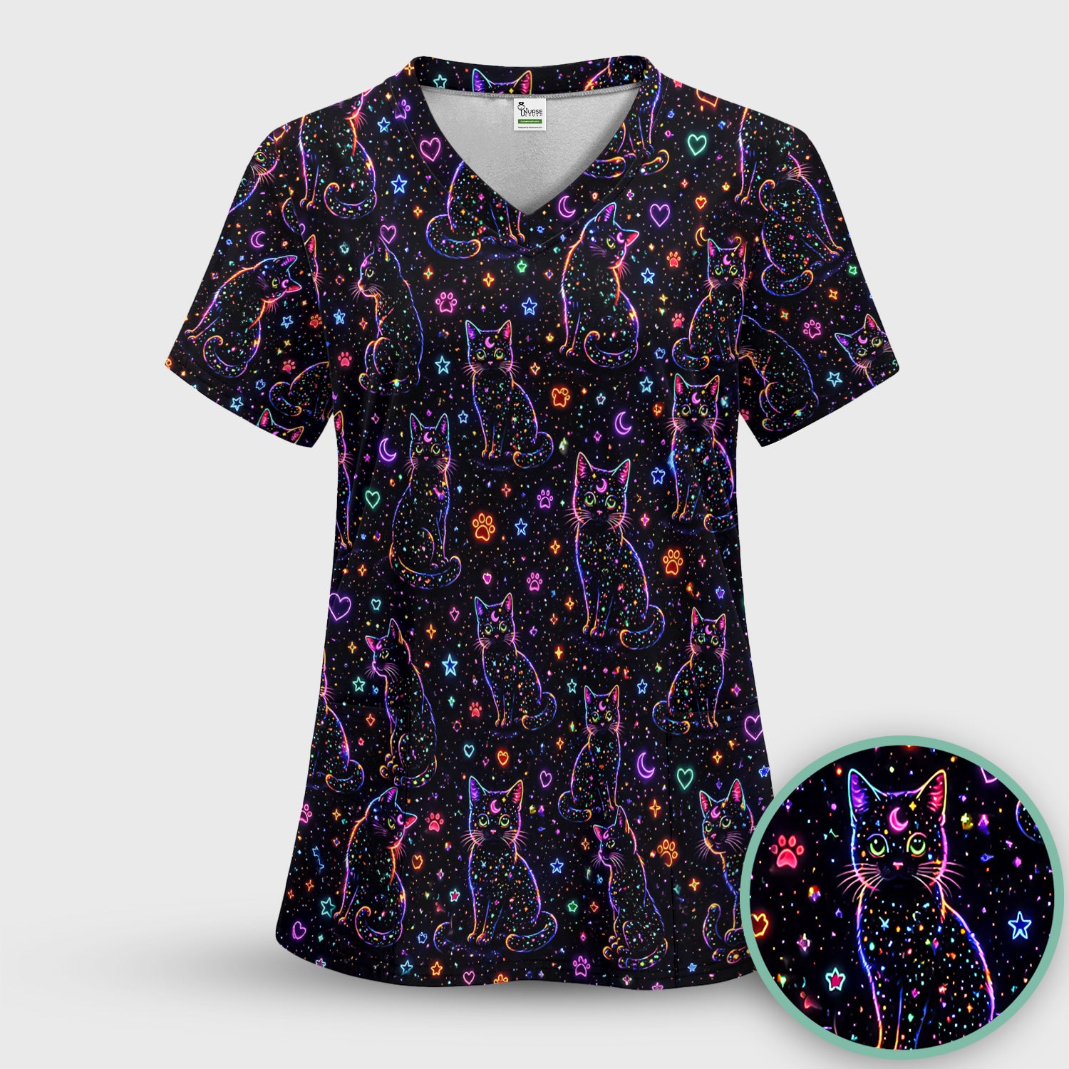 Mystical Cosmic Moon Cat Pattern Scrub Set, Scrub Pants and V Neck Top