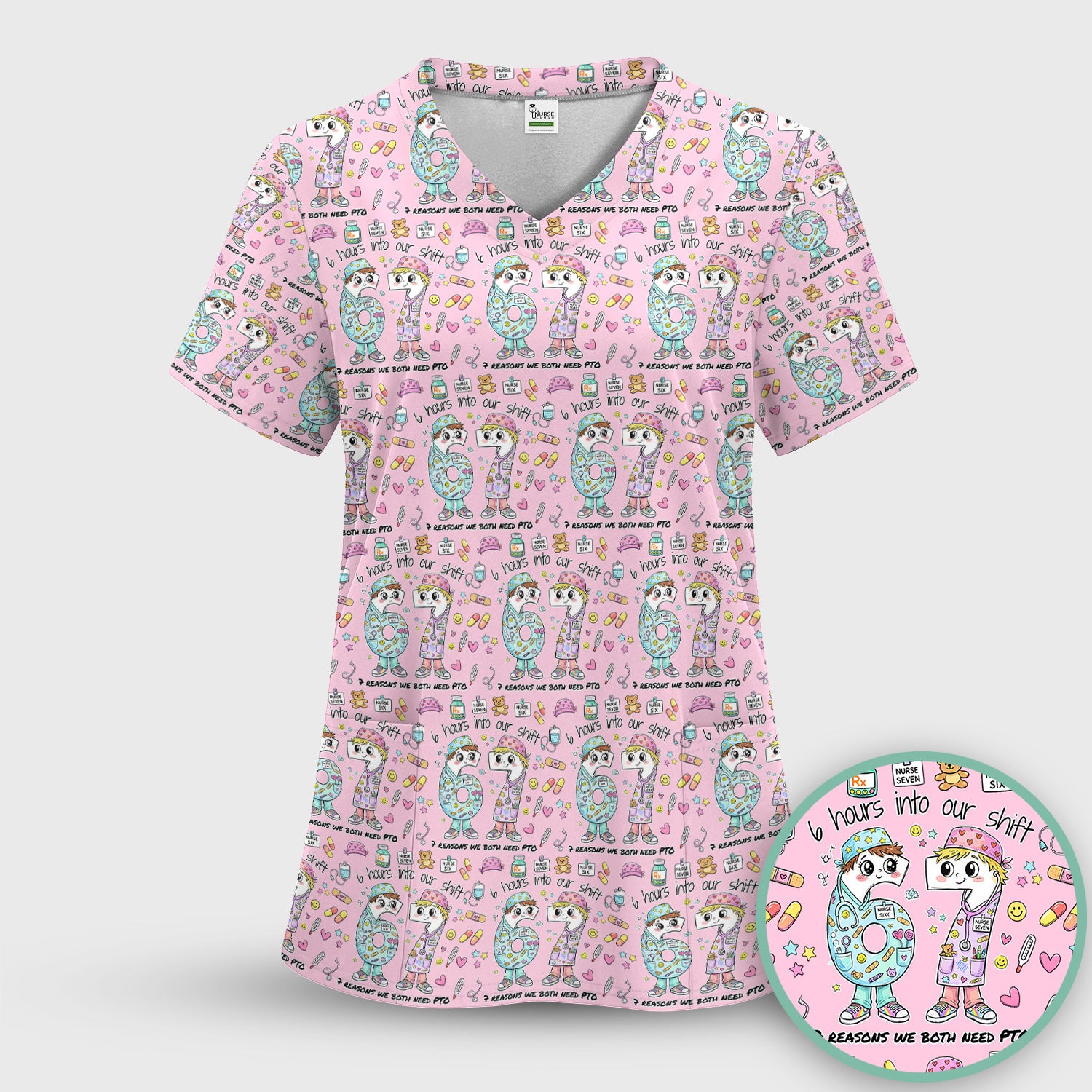 Cartoon Characters Six Hours Into Shift With Medical Doodle Scrub Set, Breathable Med Uniform