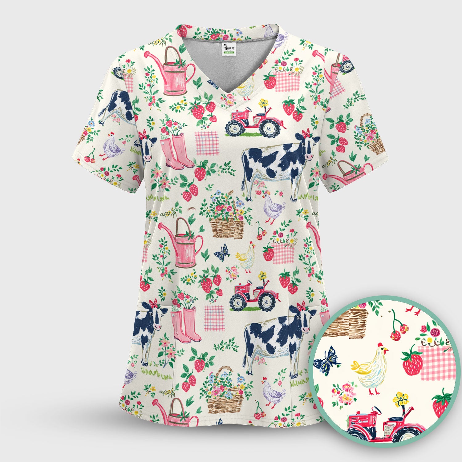 Strawberry Cow Country Style Scrub Top, Comfortable Scrubs for Nurses