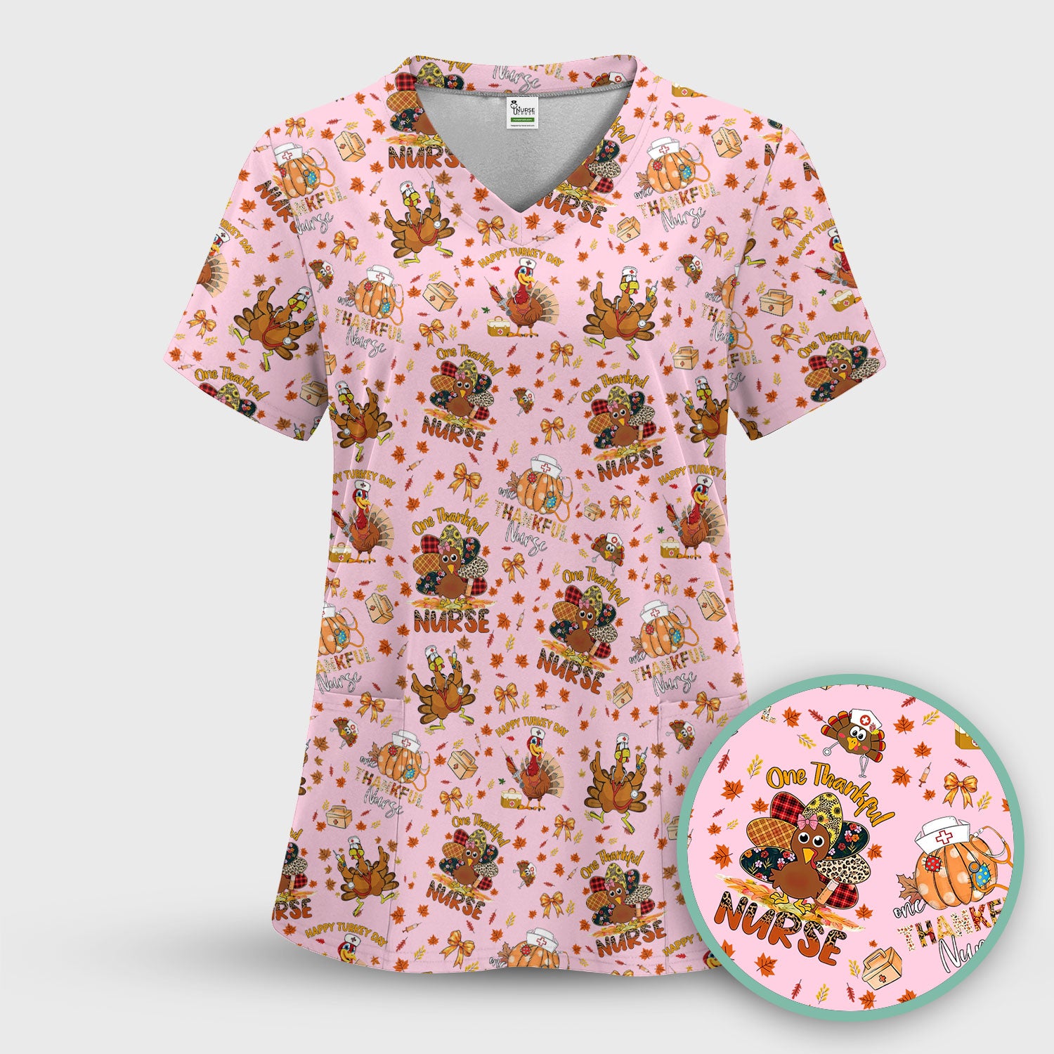 Thanksgiving Nurse Fall Scrub Top for Women - Cute Turkey and Pumpkin Shirt - Autumn Medical Shirt Gift for RN CNA LPN Doctor