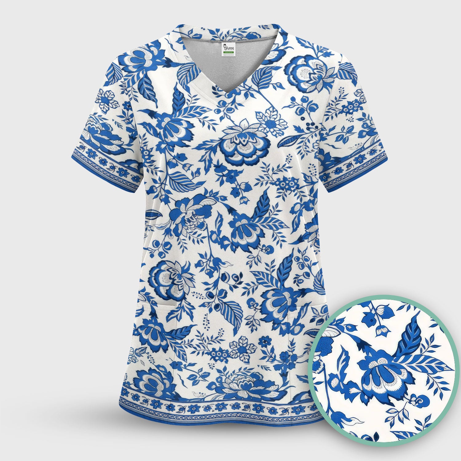 Toile De Jouy Scrub Top For Women, Floral Pattern Nurse Shirt, Comfortable Scrubs For Nursing