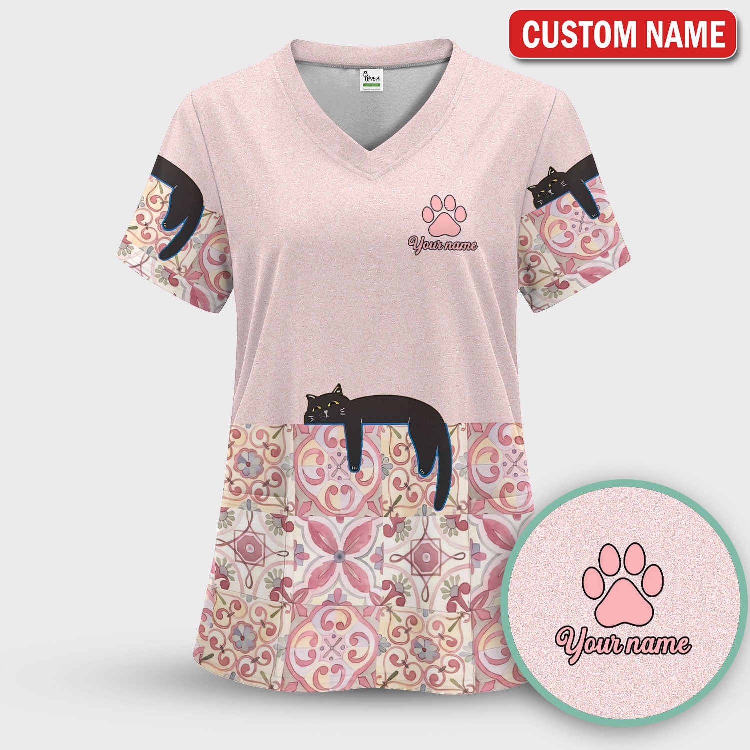 Custom Name Pink Floral Nurse Shirt, Personalized Black Cat Scrub Set For Women, Breathable Fabrics Nursing Uniform