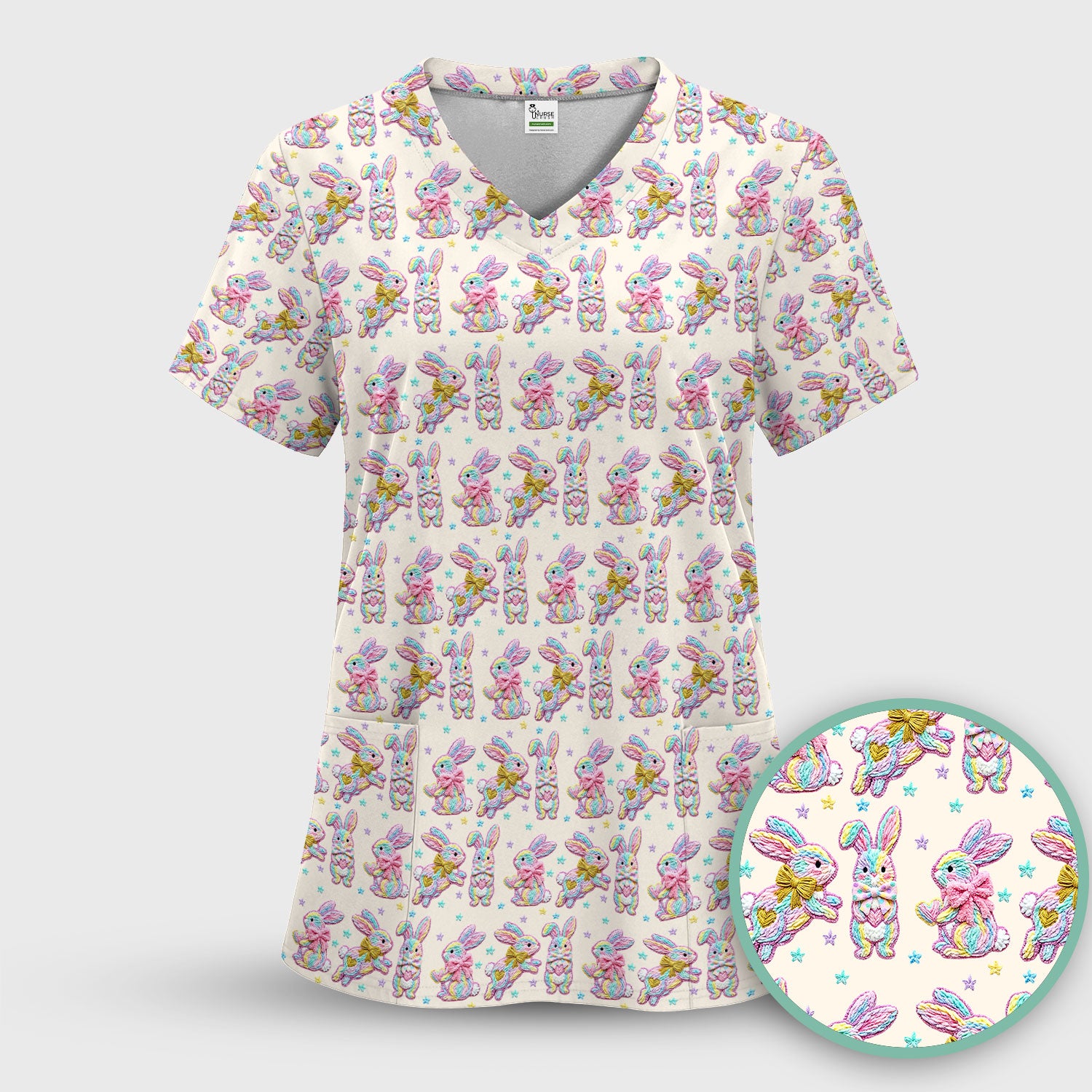 Cartoon Bunny All Over Print Scrub Top, Comfortable Scrubs for Nurses, Easter