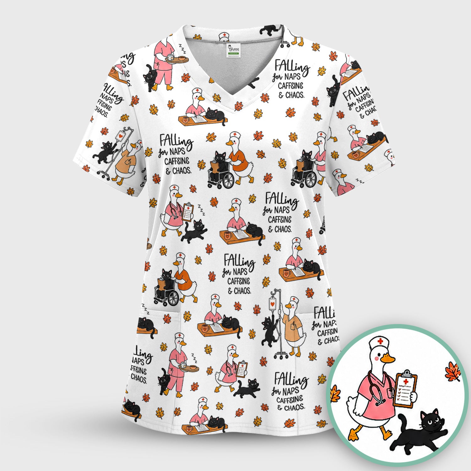 Funny Fall Nurse Goose And Black Cat Scrub Top, Comfortable Scrubs for Nurses