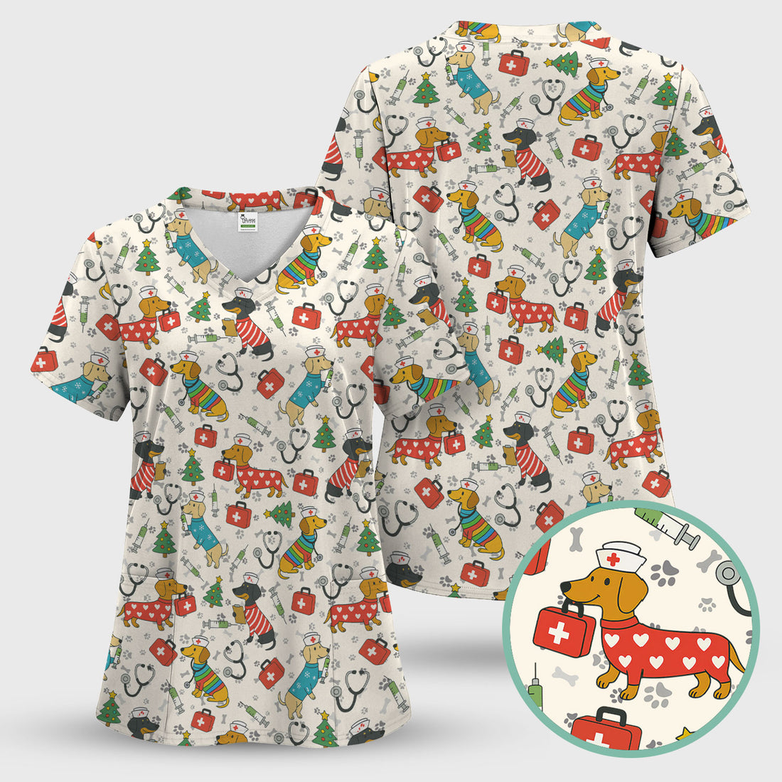 Christmas Dachshund Scrub Top - Funny Dog Nurse Scrubs Multi Color - Holiday Scrub Shirt Gift for Women Men, CNA, RN, Medical Professional