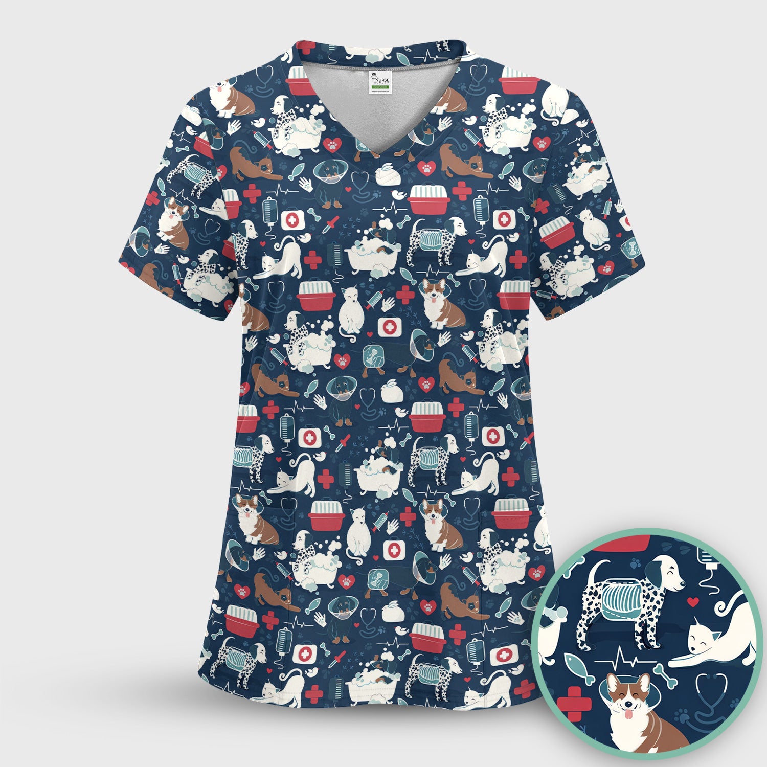 Dogs With Veterinary Tools And Paw Print Scrub Set, Breathable Med Uniform