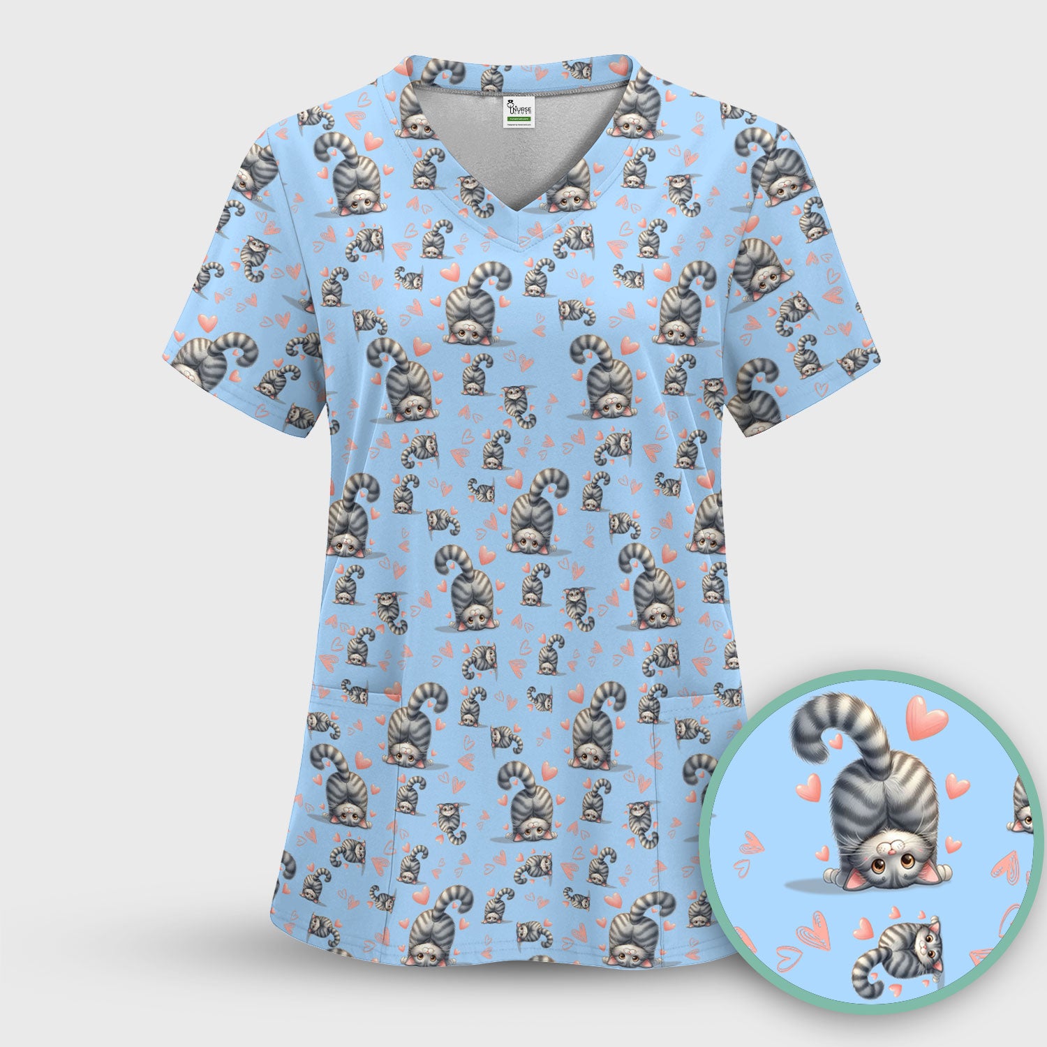 Valentine Cute Cat Scrub Top, Cat Heart Pattern Nurse Uniform, Comfortable Scrubs For Nurses
