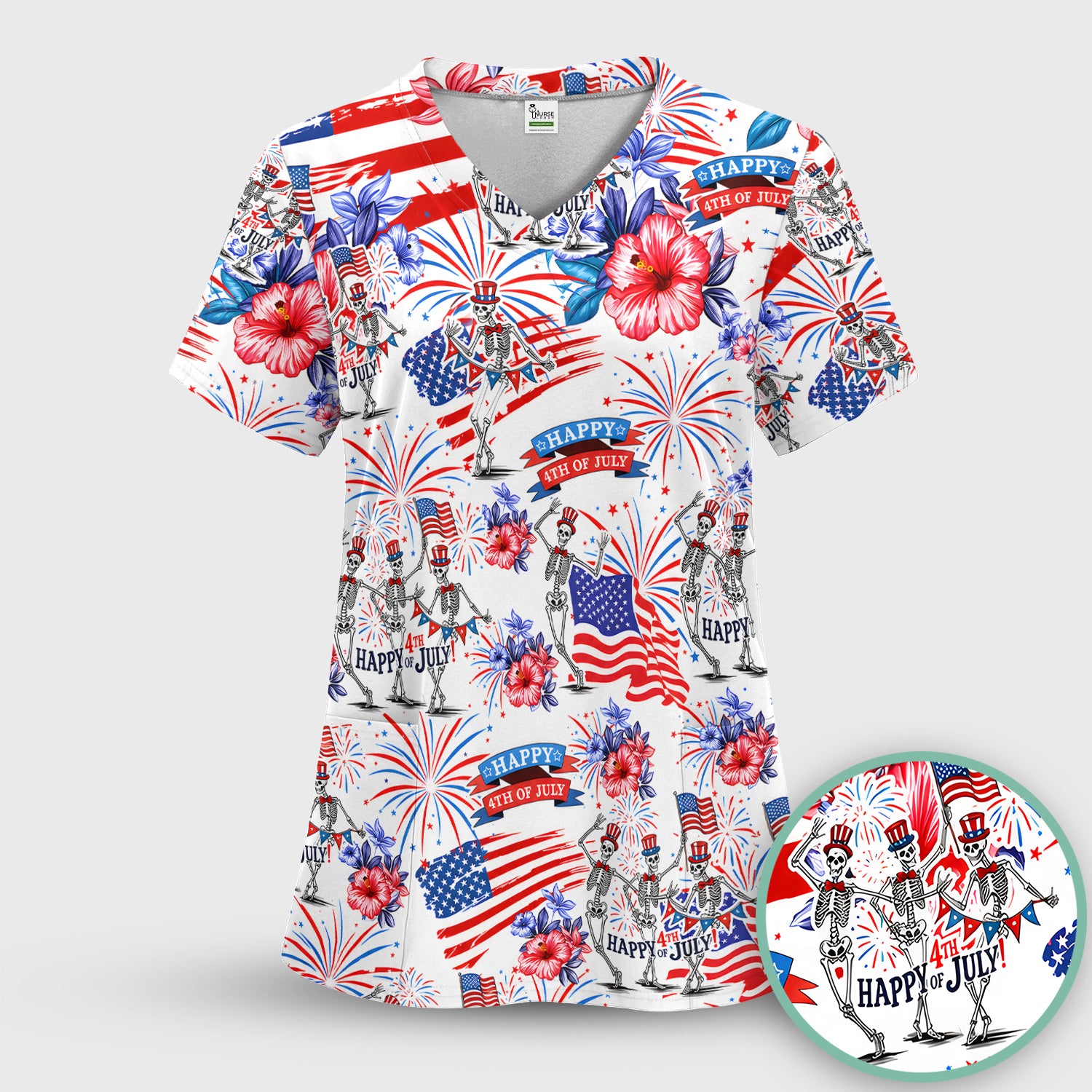 Funny 4th Of July Skeleton Nurse for RN & CNA, Patriotic Fireworks Medical Uniform Scrub Set, Scrub Pants and V Neck Top