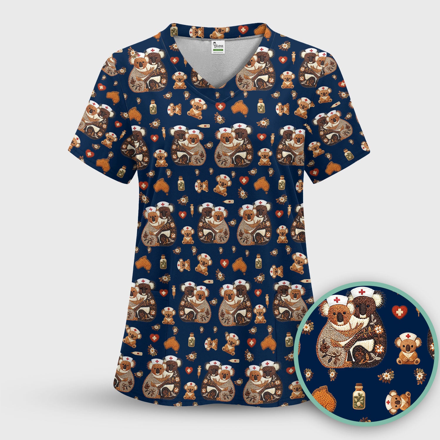Cute Cartoon Koala Valentine Nurse Design Scrub Top, Breathable Fabrics Nursing Uniform