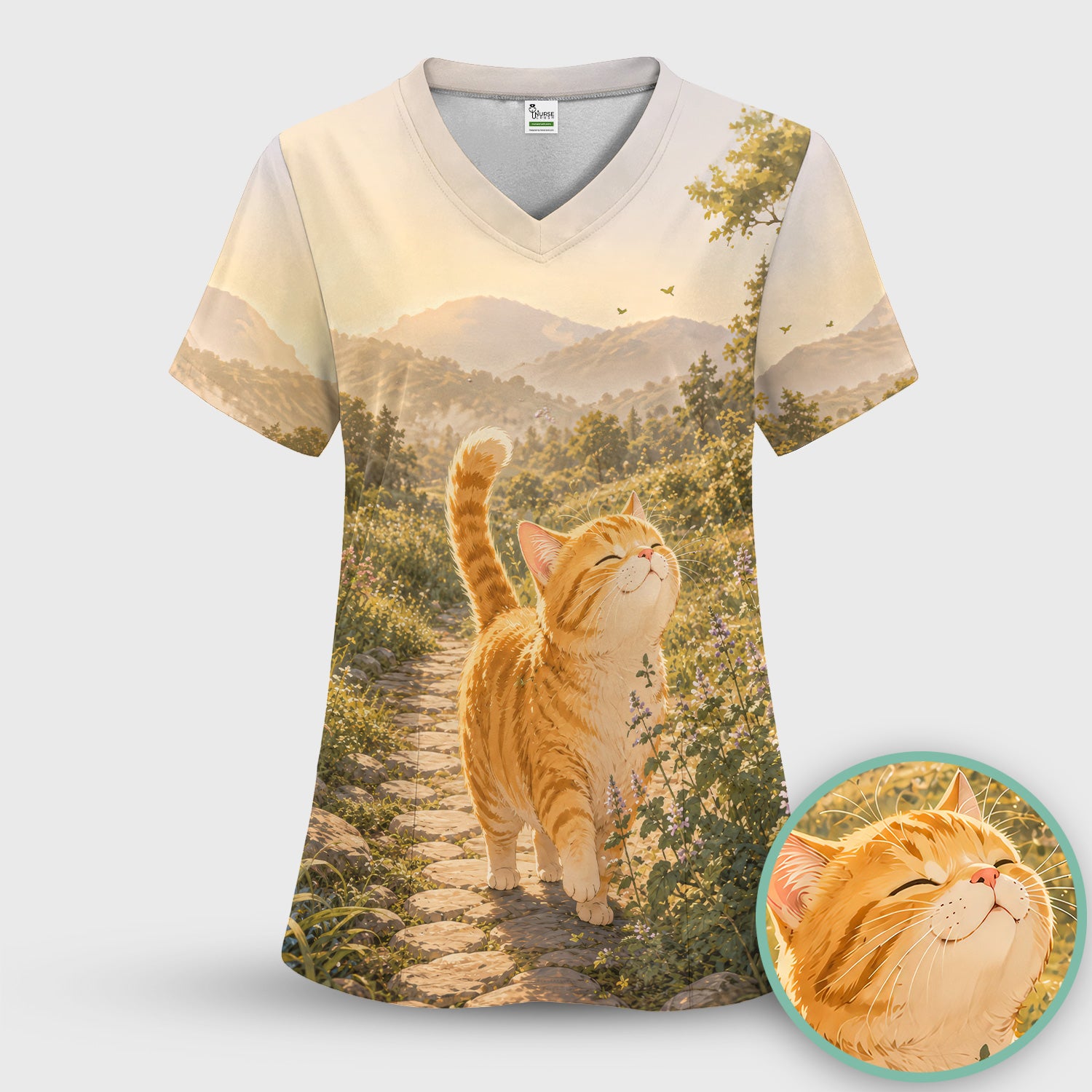 Sunny Mountain Cat Nurse, Nature Lover Medical Scrub Top, Comfortable Scrubs for Nurses