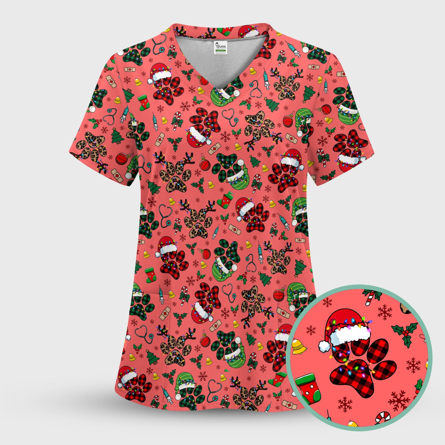 Christmas Paw Print Scrub Top for Nurses - Cute Leopard Holiday Pattern - Funny Festive Medical Uniform Gift